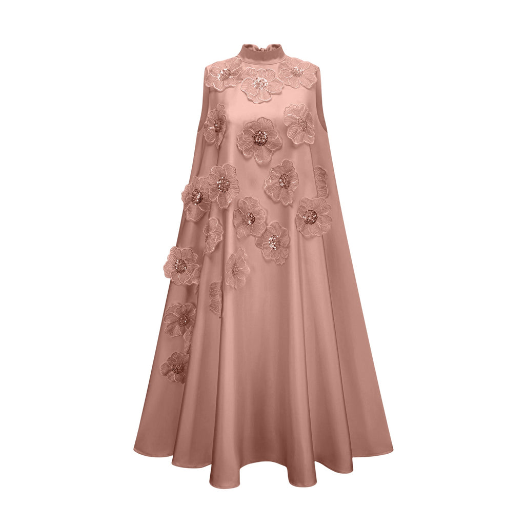 Elegant Sleeveless Floral Applique Maxi Dress in Pink - Chiffon Flowy Gown
