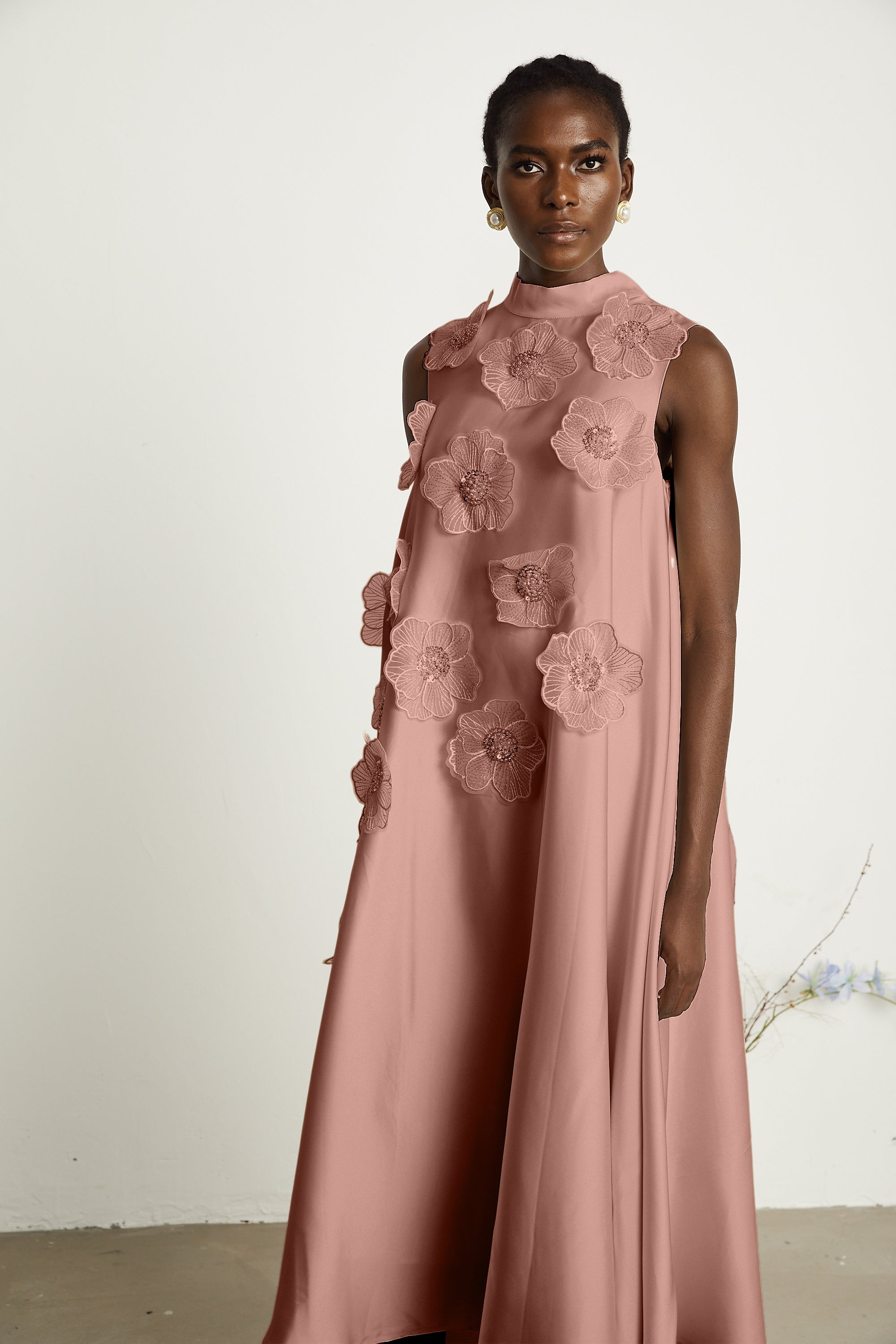 Elegant Sleeveless Floral Applique Maxi Dress in Pink - Chiffon Flowy Gown