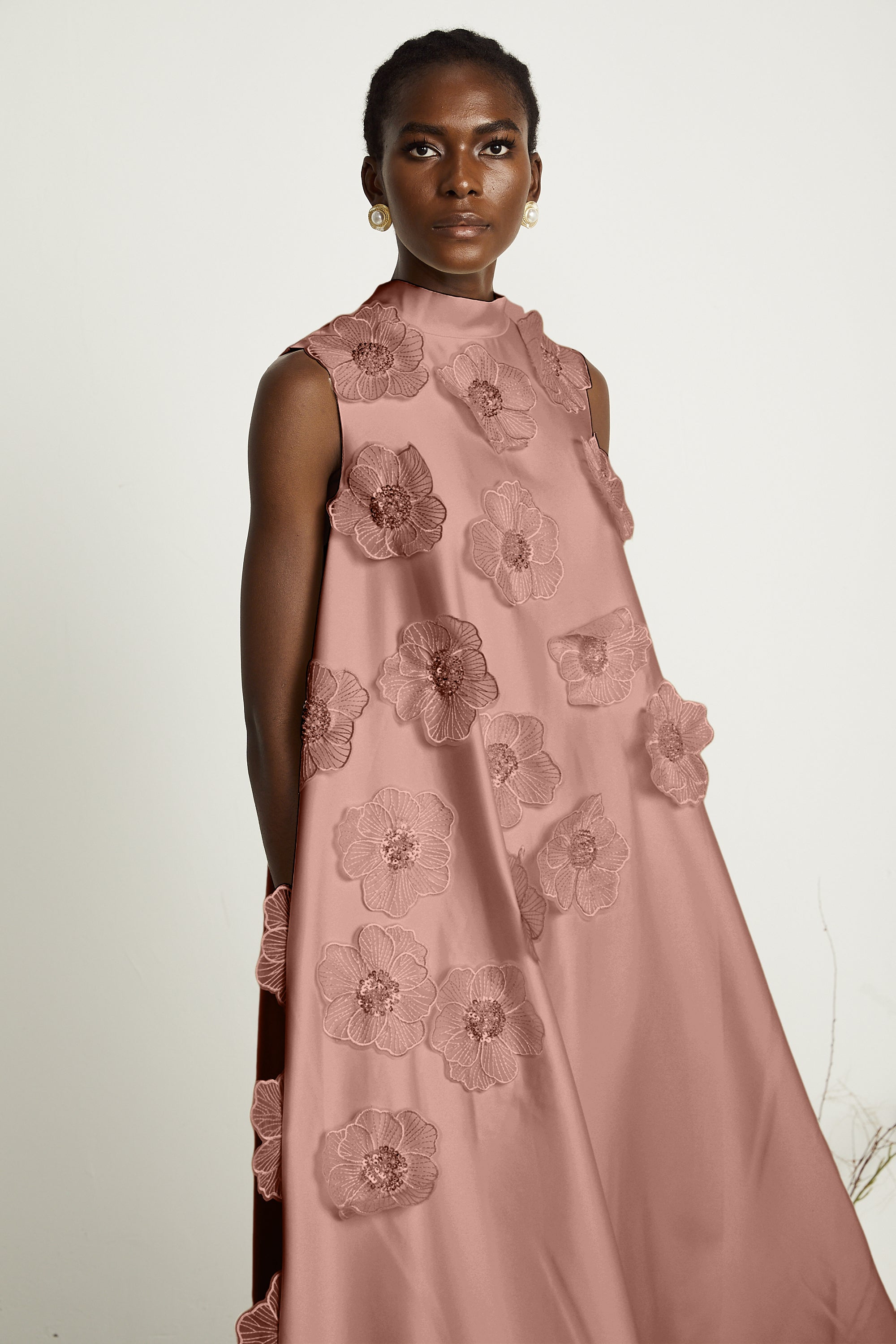 Elegant Sleeveless Floral Applique Maxi Dress in Pink - Chiffon Flowy Gown