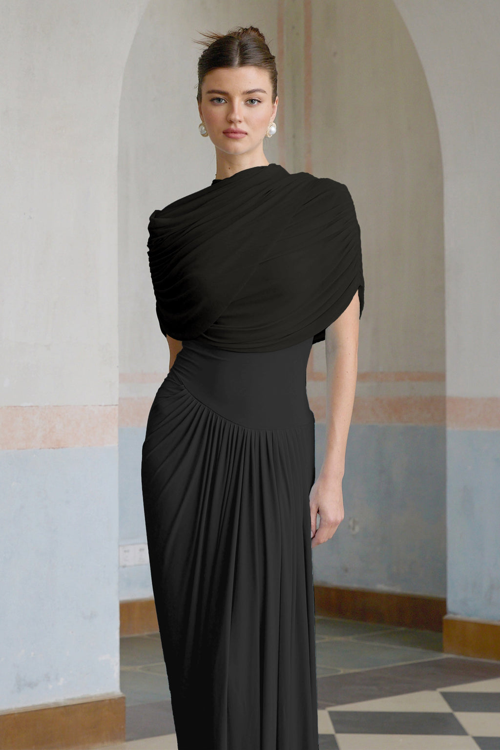 Elegant Black Asymmetrical Pleated Maxi Dress with Mesh Shawl