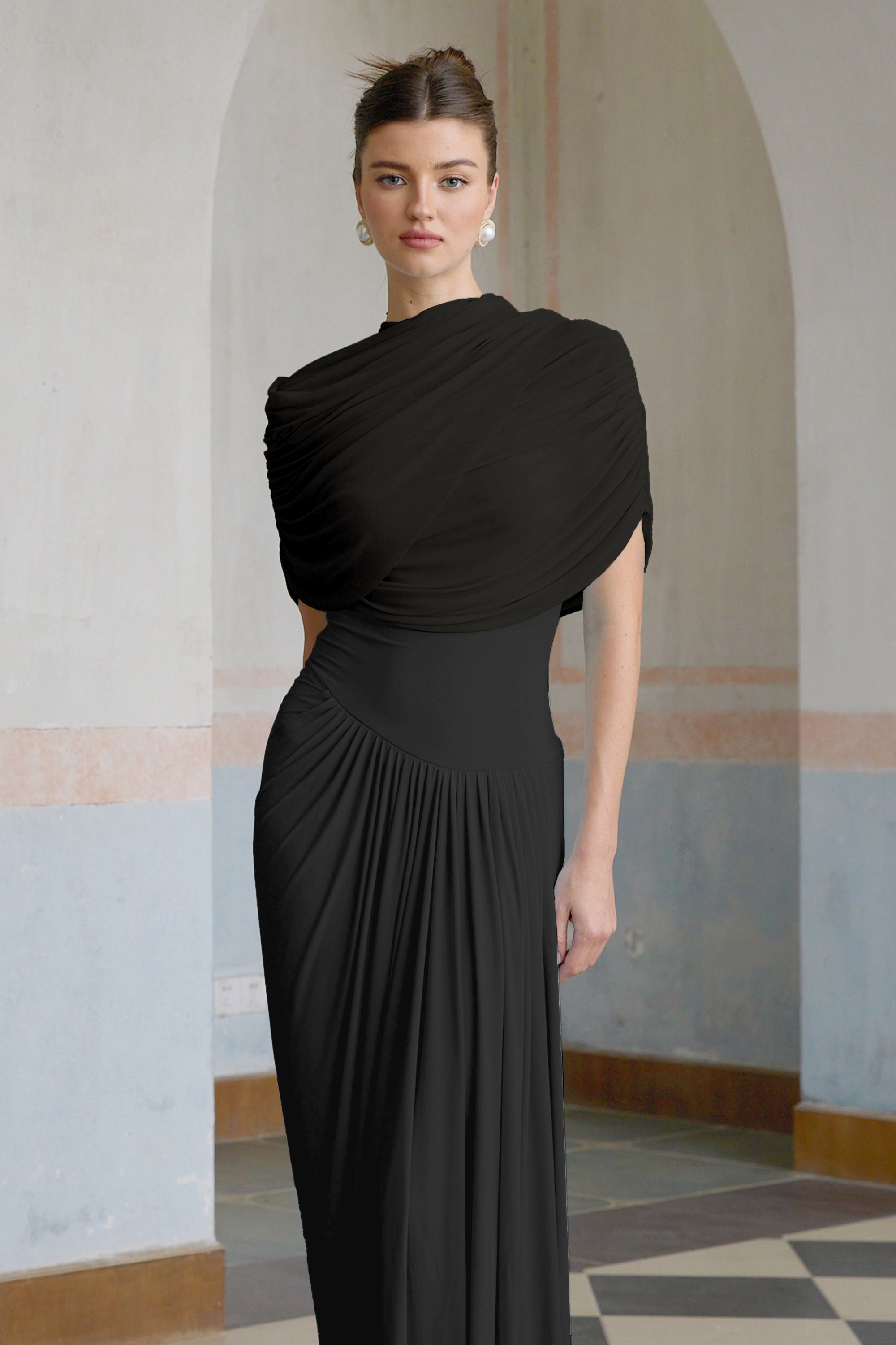 Elegant Black Asymmetrical Pleated Maxi Dress with Mesh Shawl