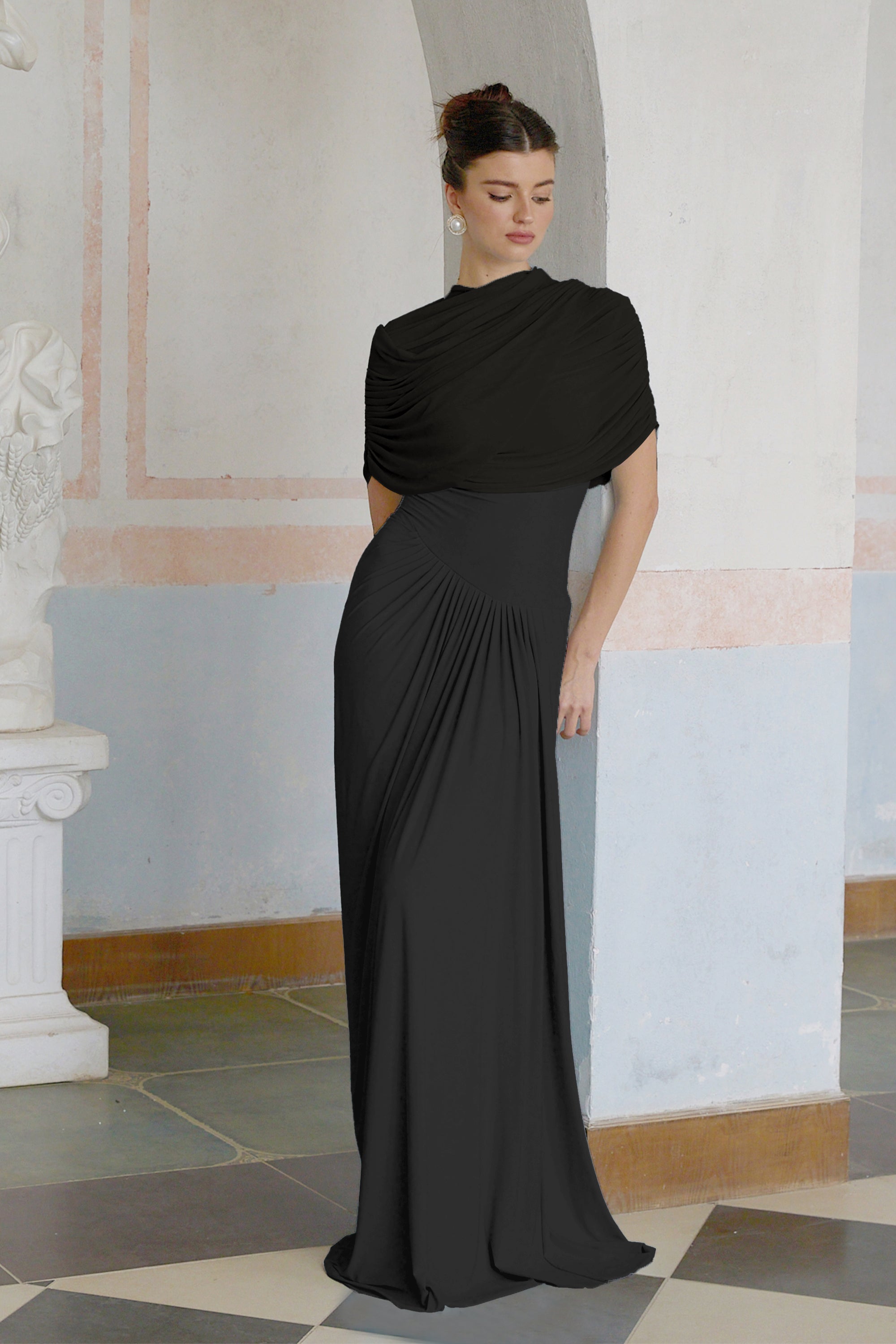 Elegant Black Asymmetrical Pleated Maxi Dress with Mesh Shawl