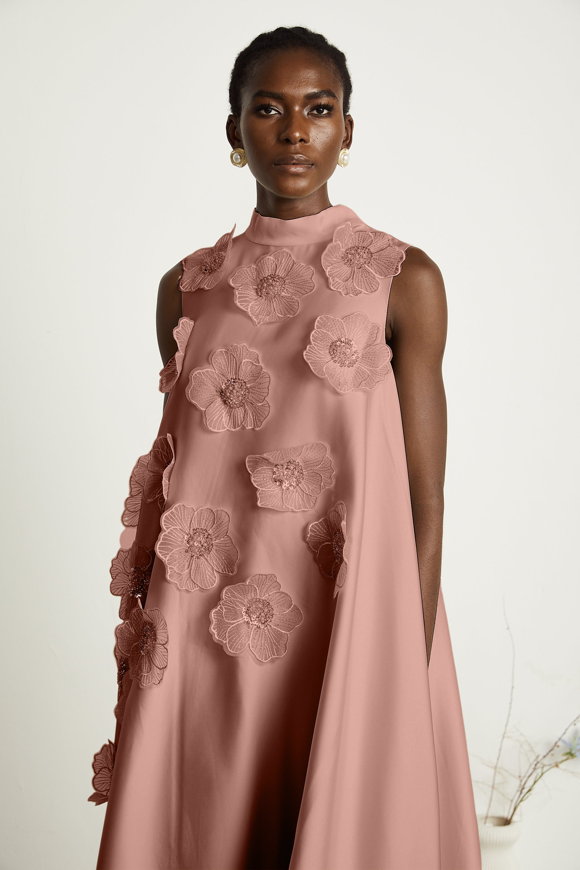 Elegant Sleeveless Floral Applique Maxi Dress in Pink - Chiffon Flowy Gown