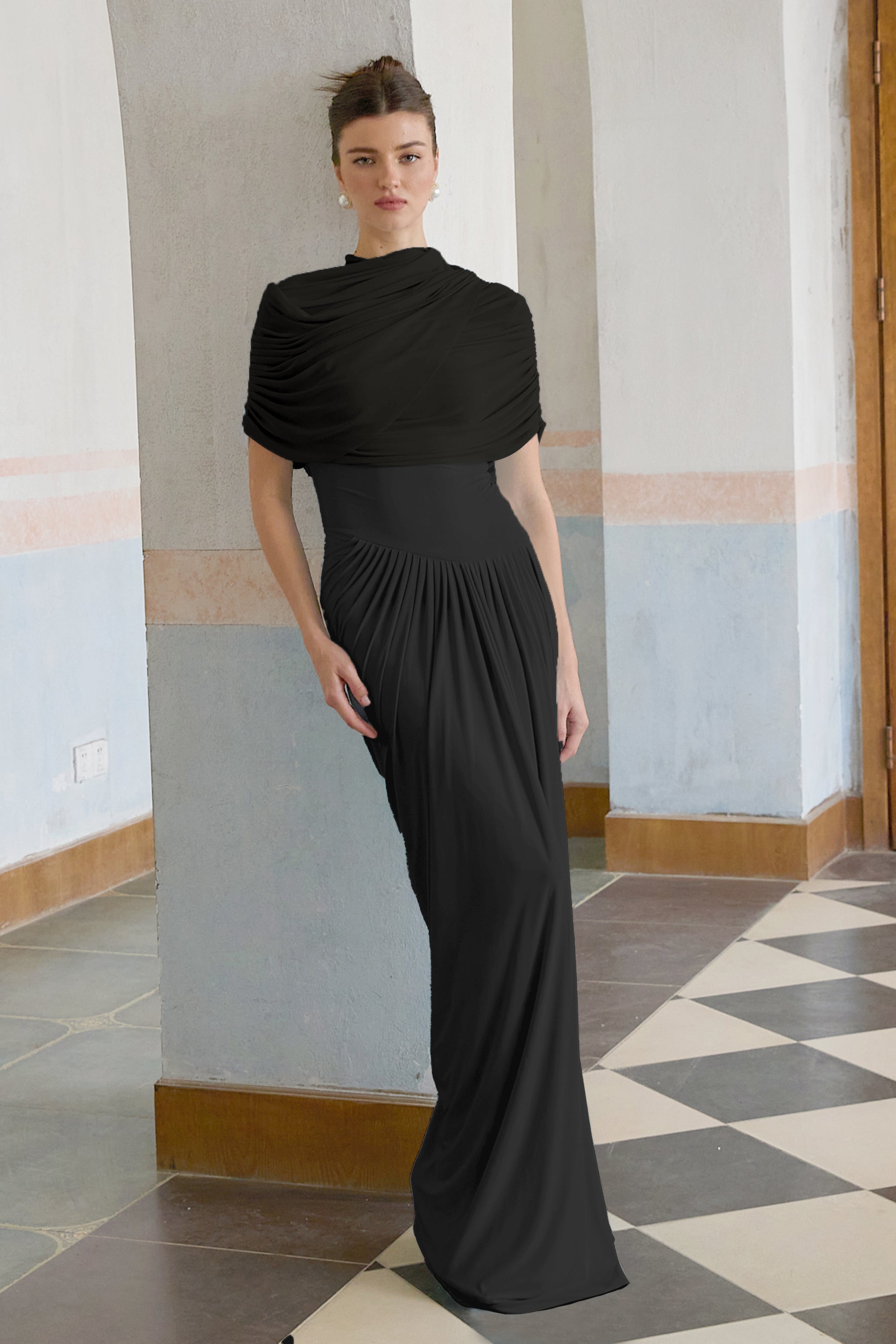 Elegant Black Asymmetrical Pleated Maxi Dress with Mesh Shawl