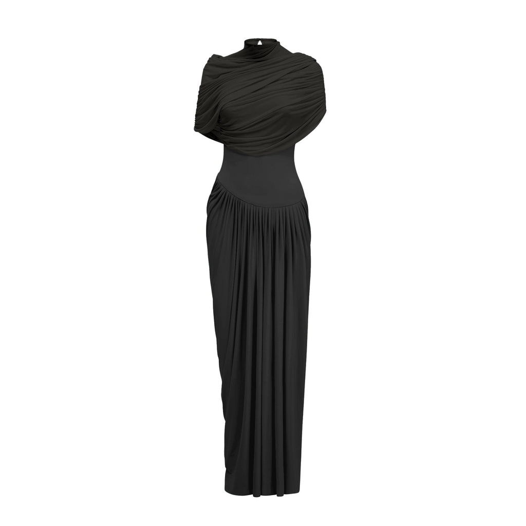Elegant Black Asymmetrical Pleated Maxi Dress with Mesh Shawl