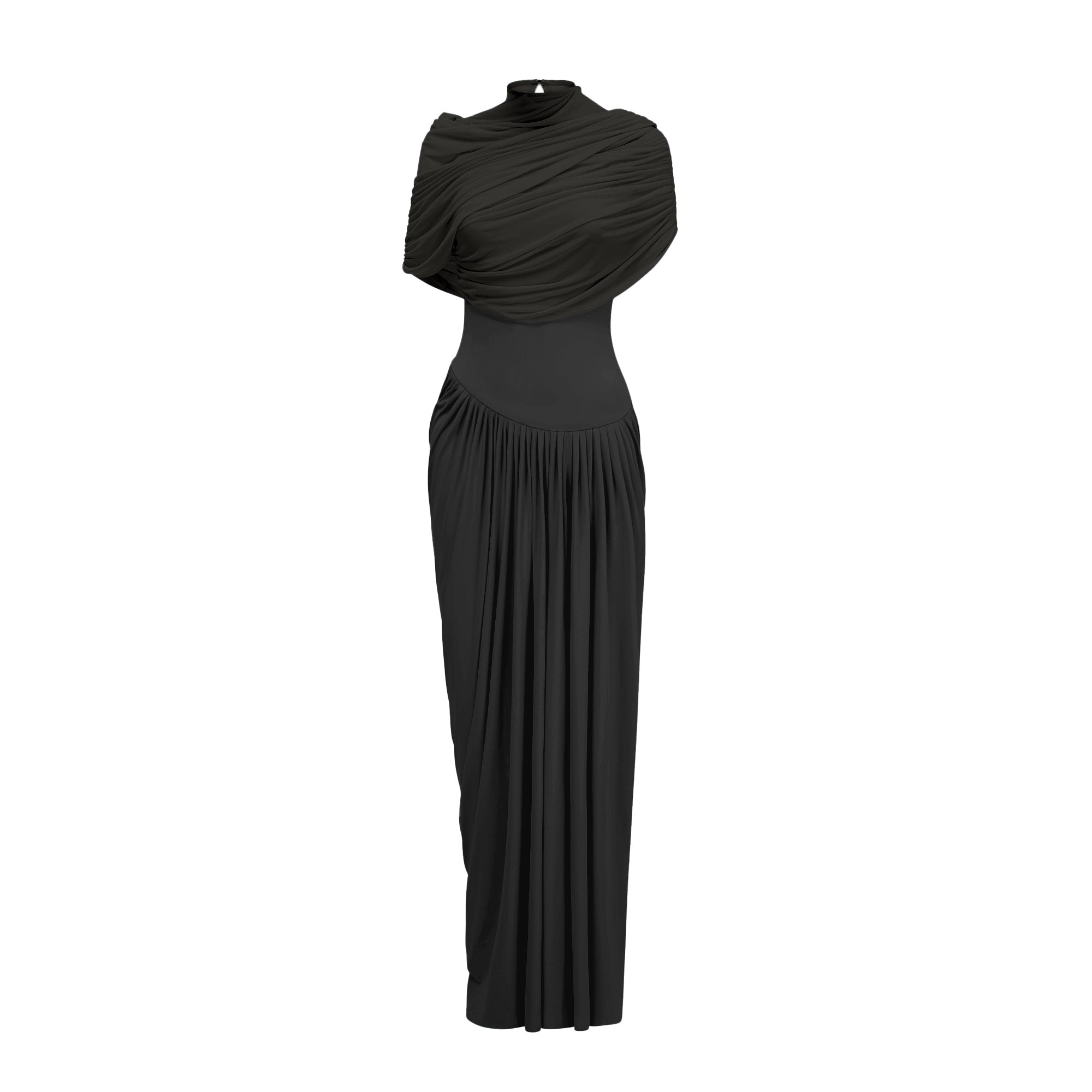 Elegant Black Asymmetrical Pleated Maxi Dress with Mesh Shawl