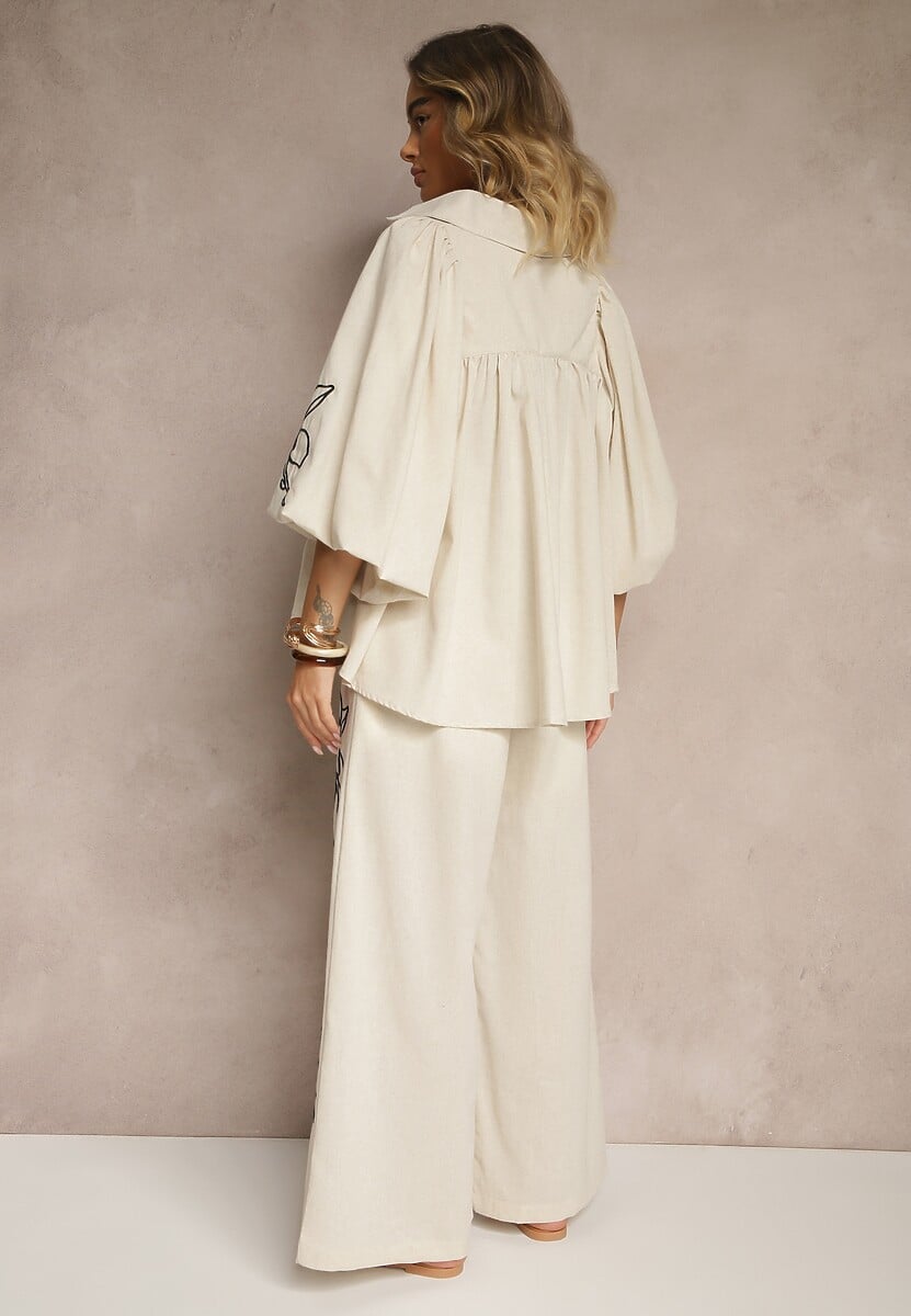 Seffra Beige Floral Pattern Shirt and Wide-Leg Pants Set for Women