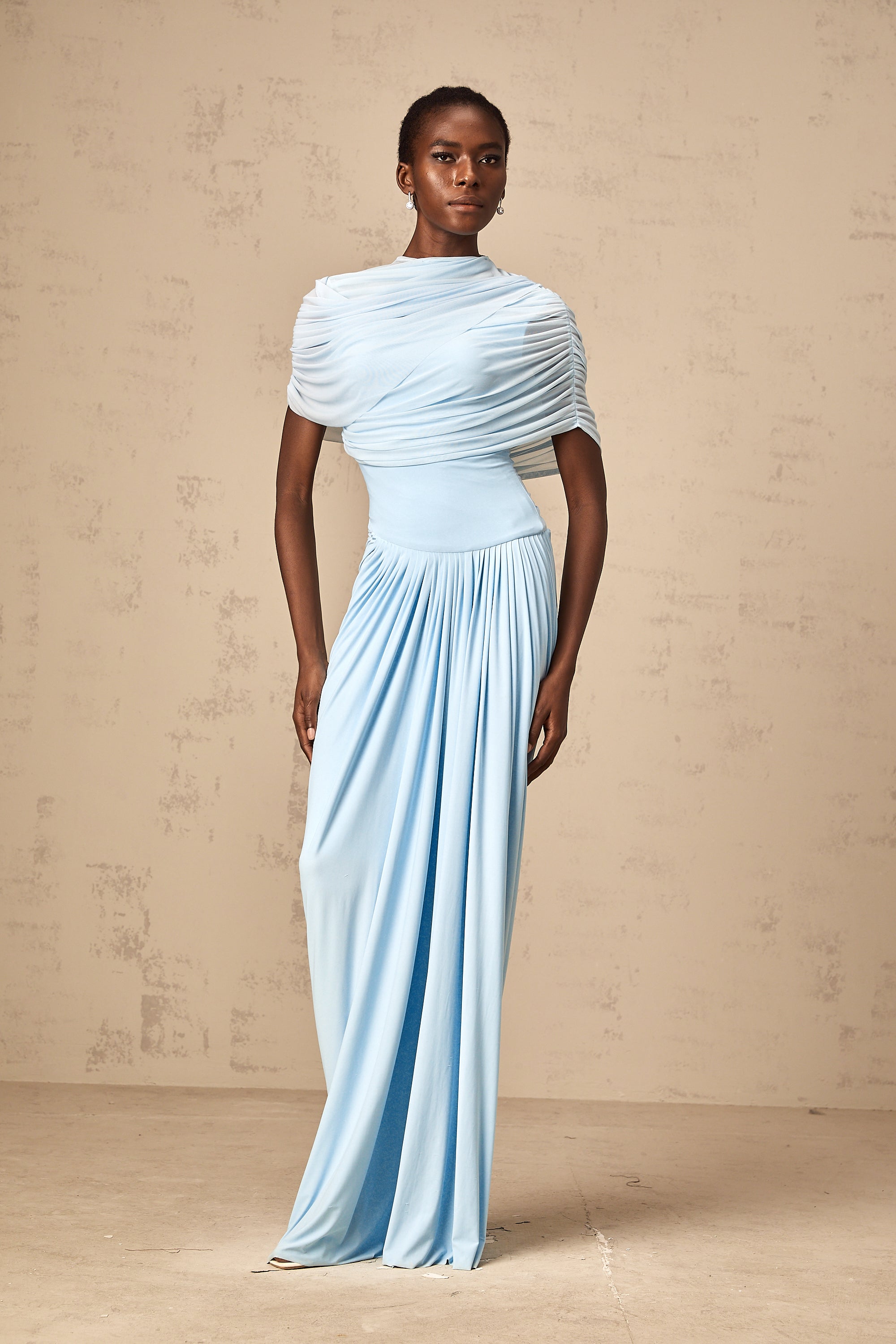 Elegant Catherine Blue Asymmetrical Pleated Maxi Dress for Women