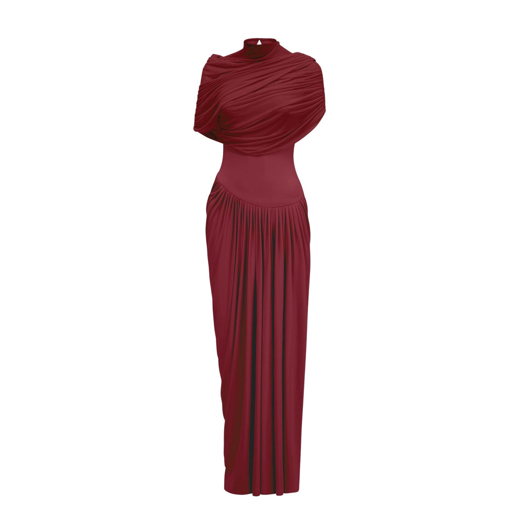Catherine Red Asymmetric Pleated Maxi Dress with Mesh Shawl