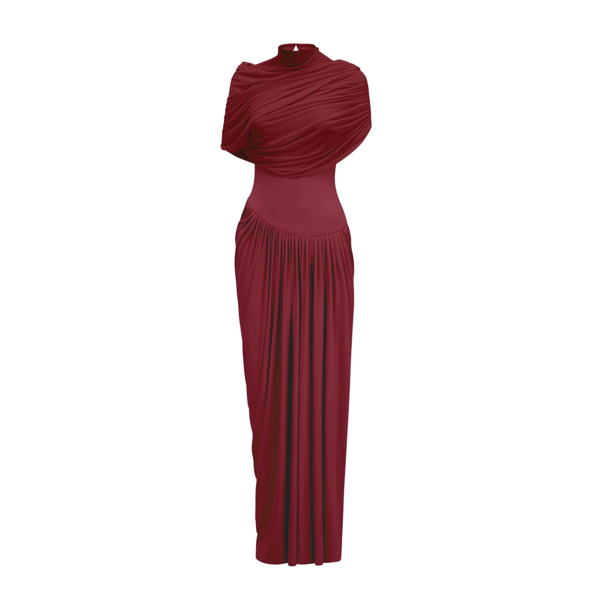 Catherine Red Asymmetric Pleated Maxi Dress with Mesh Shawl