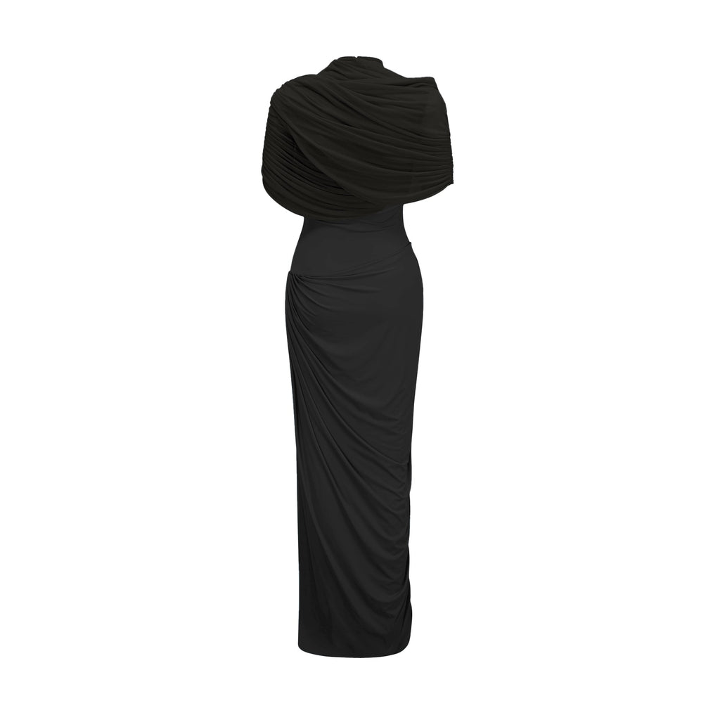 Elegant Black Asymmetrical Pleated Maxi Dress with Mesh Shawl