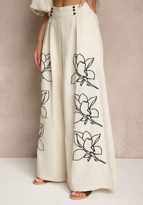Seffra Beige Floral Pattern Shirt and Wide-Leg Pants Set for Women