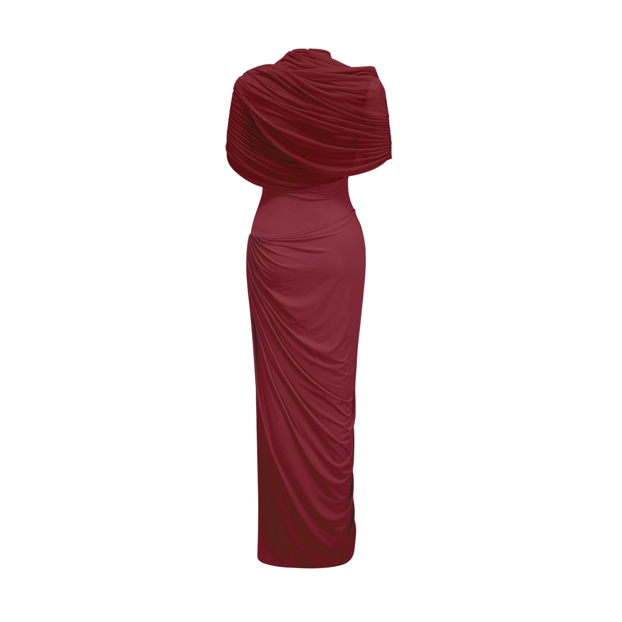 Catherine Red Asymmetric Pleated Maxi Dress with Mesh Shawl