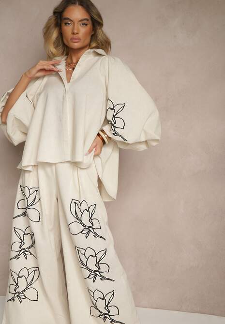 Seffra Beige Floral Pattern Shirt and Wide-Leg Pants Set for Women