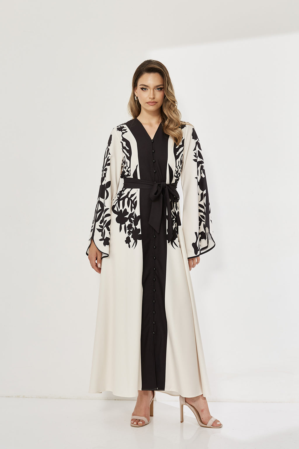 Elegant Oriental Embroidered Maxi Dress with Belt and Bell Sleeves