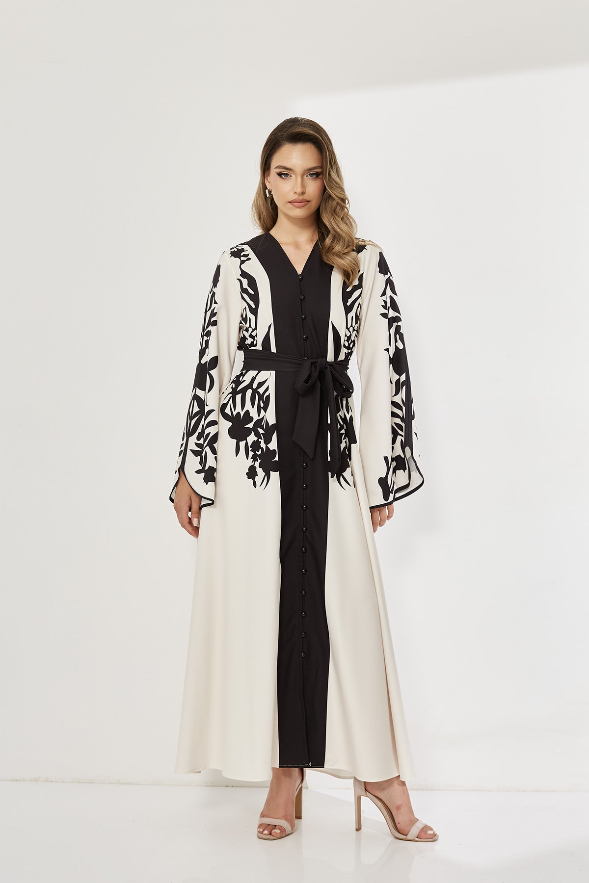 Elegant Oriental Embroidered Maxi Dress with Belt and Bell Sleeves