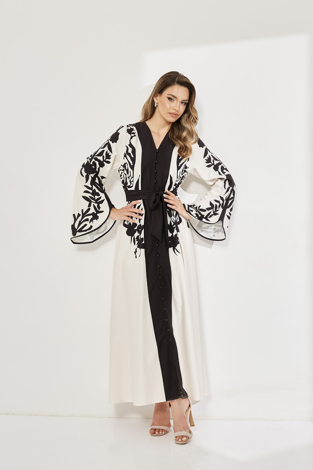 Elegant Oriental Embroidered Maxi Dress with Belt and Bell Sleeves