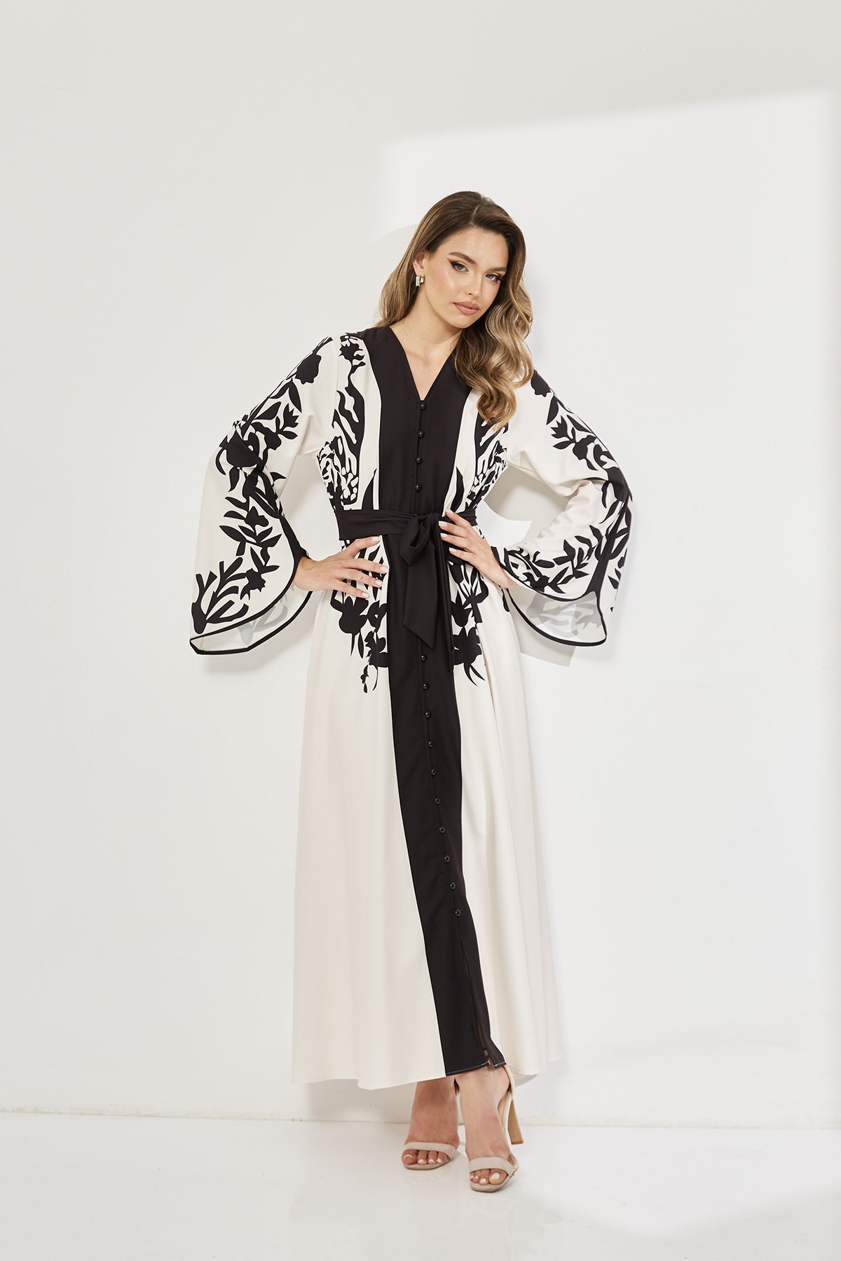 Elegant Oriental Embroidered Maxi Dress with Belt and Bell Sleeves