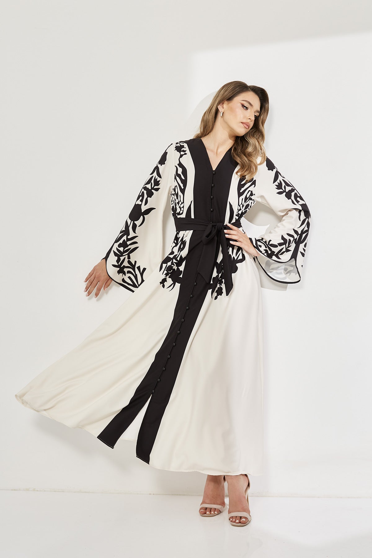 Elegant Oriental Embroidered Maxi Dress with Belt and Bell Sleeves