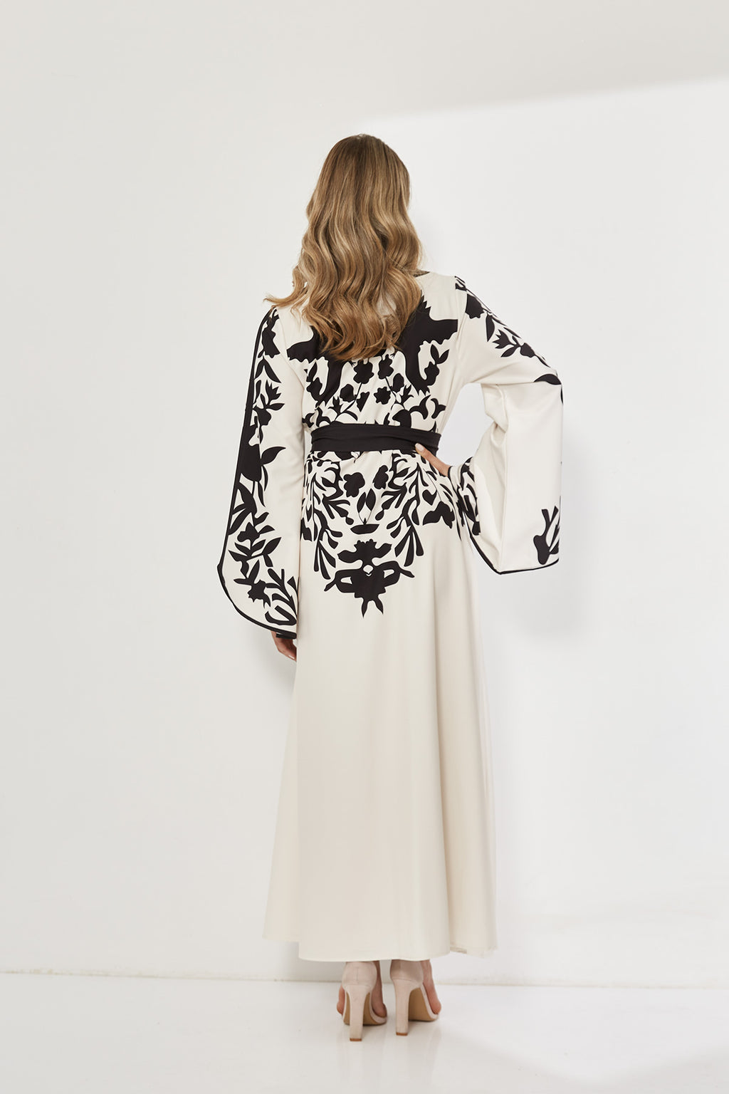 Elegant Oriental Embroidered Maxi Dress with Belt and Bell Sleeves