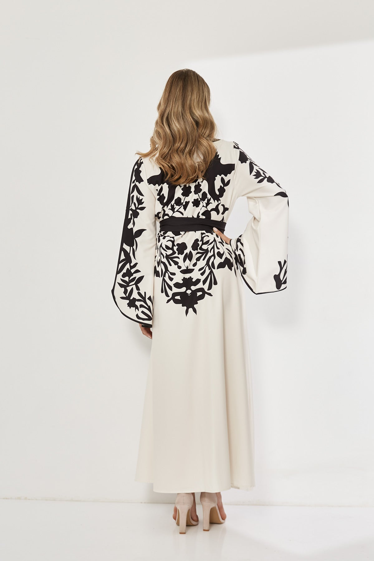 Elegant Oriental Embroidered Maxi Dress with Belt and Bell Sleeves
