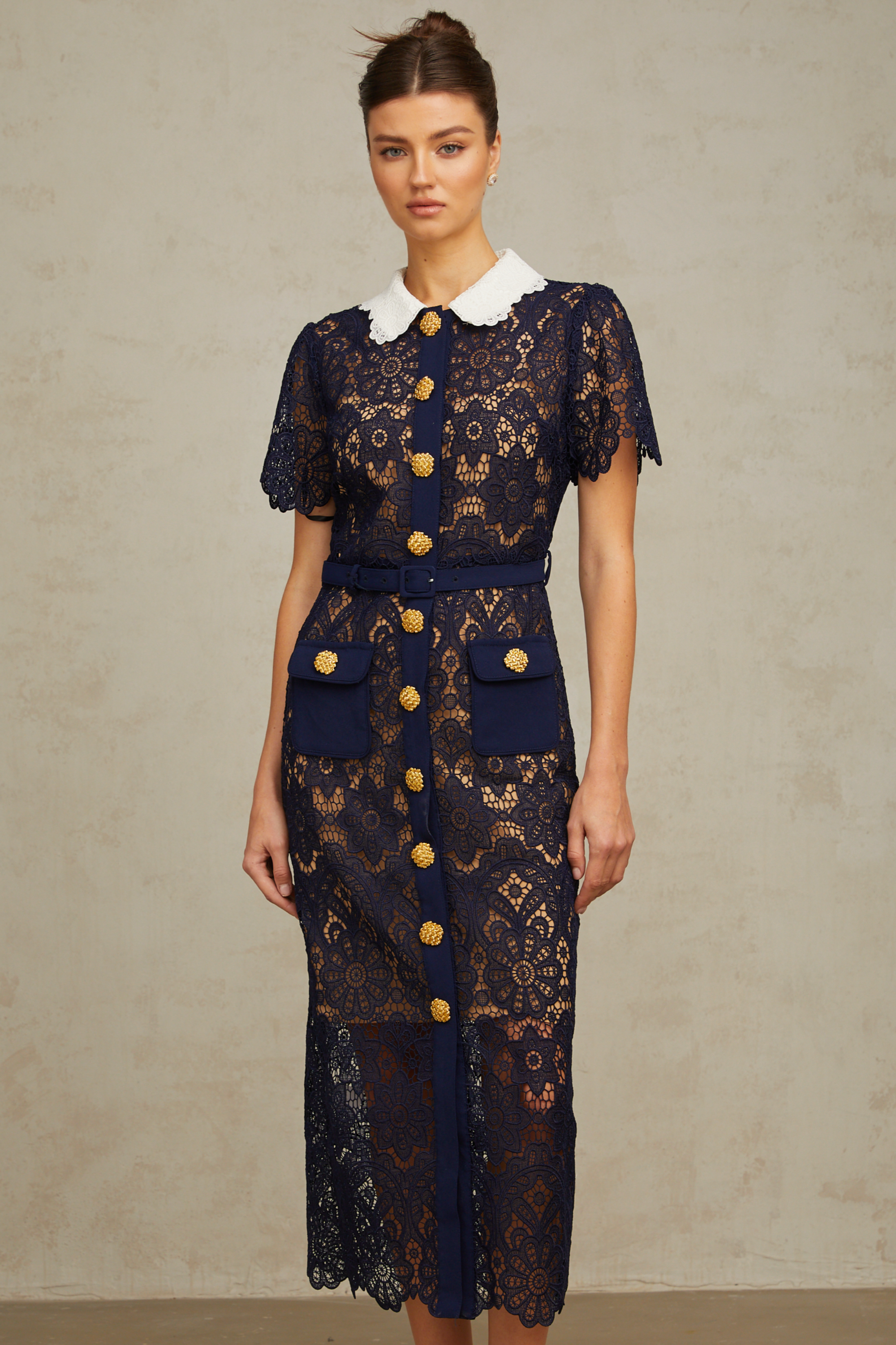 Ariane Dark Blue Floral Crochet Lace Midi Dress with Elegant Boho Style