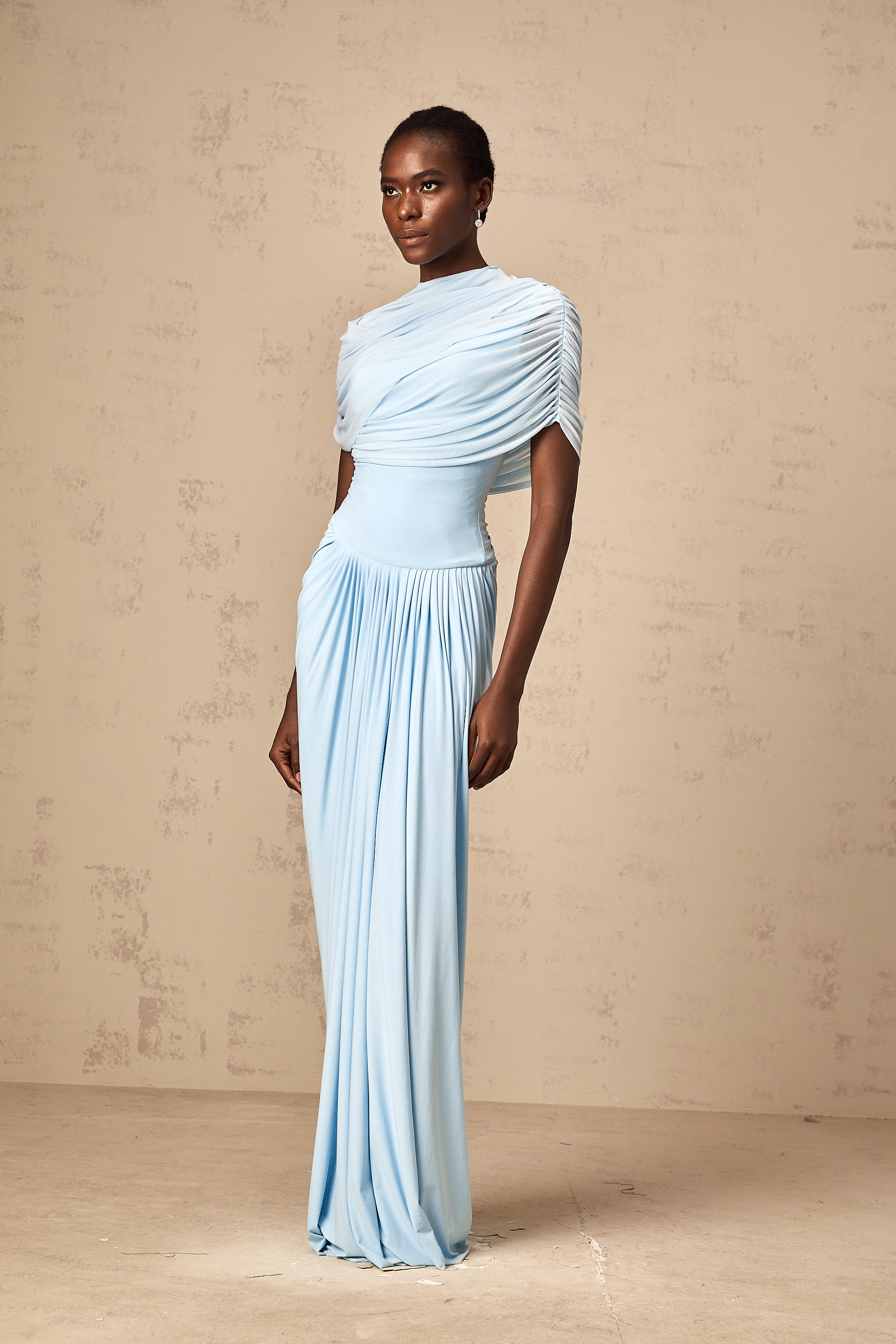 Elegant Catherine Blue Asymmetrical Pleated Maxi Dress for Women