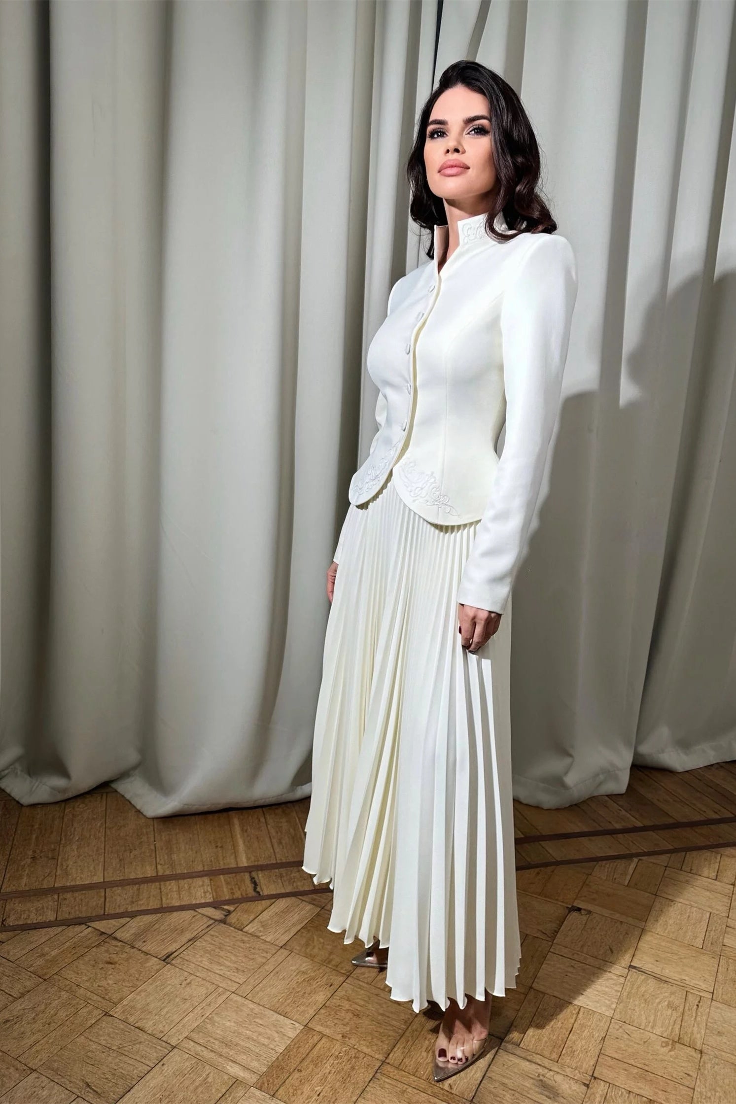 Elegant White Embroidered Blazer & Pleated Midi Skirt Set for Women