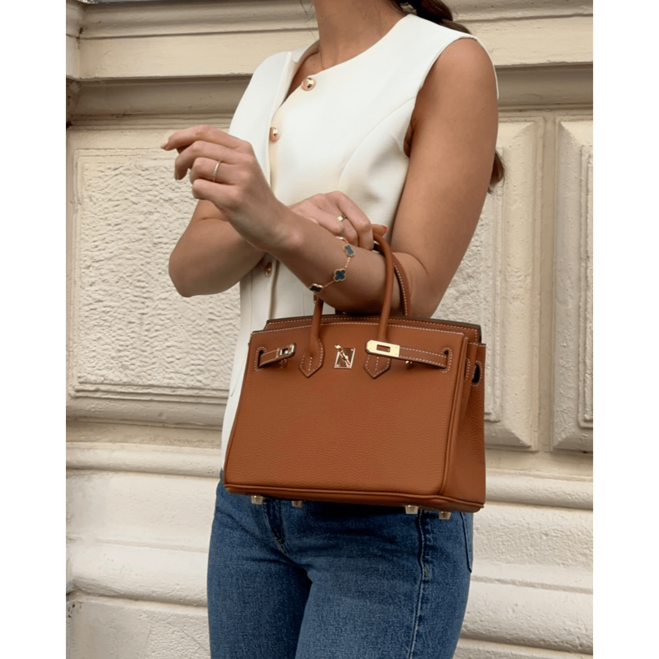Kensington Full-Grain Leather Handbag with Gold Hardware and Removable Strap