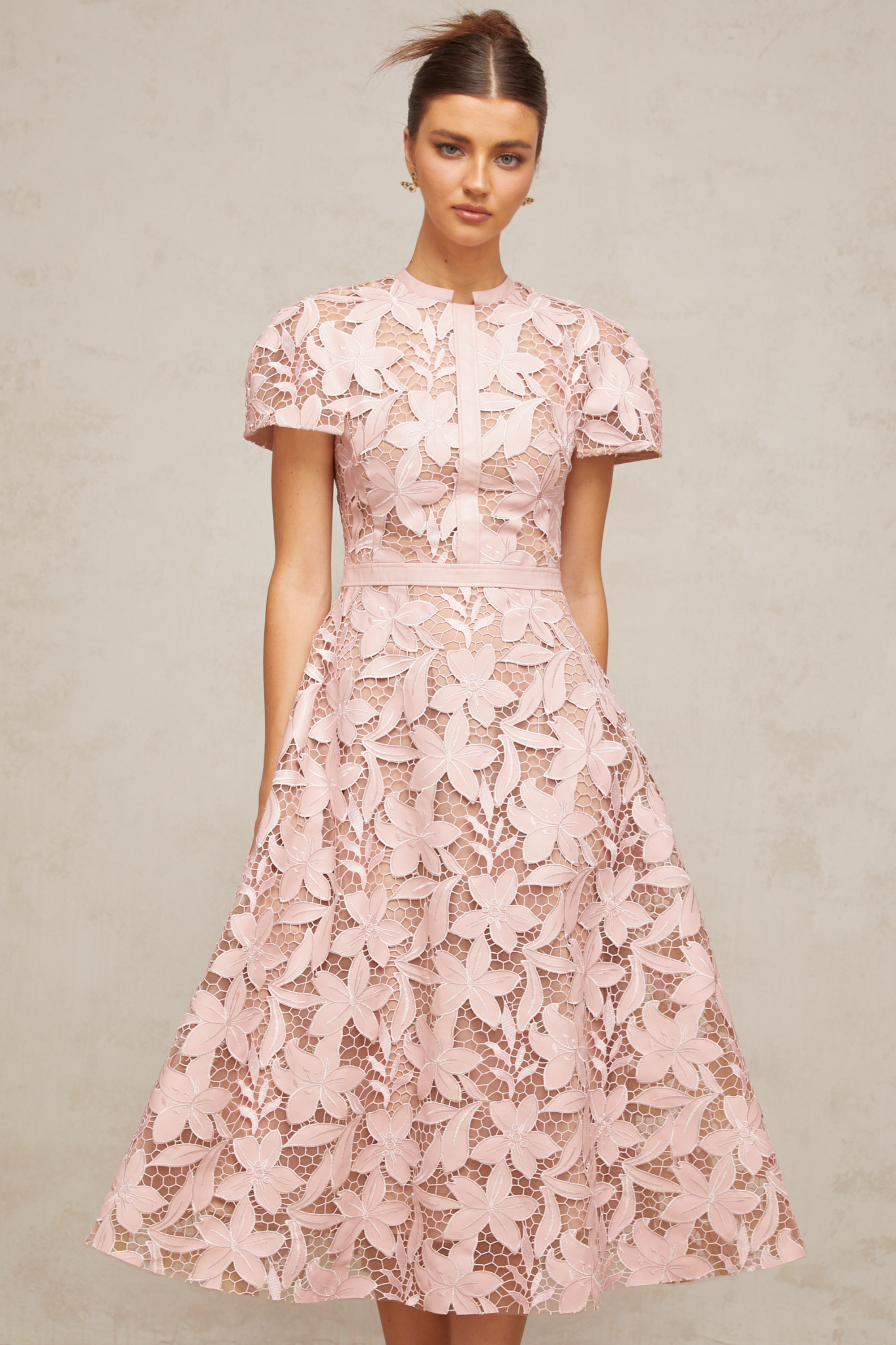 Elegant Pink Guipure Lace Midi Dress - Sleeveless A-Line Summer Party