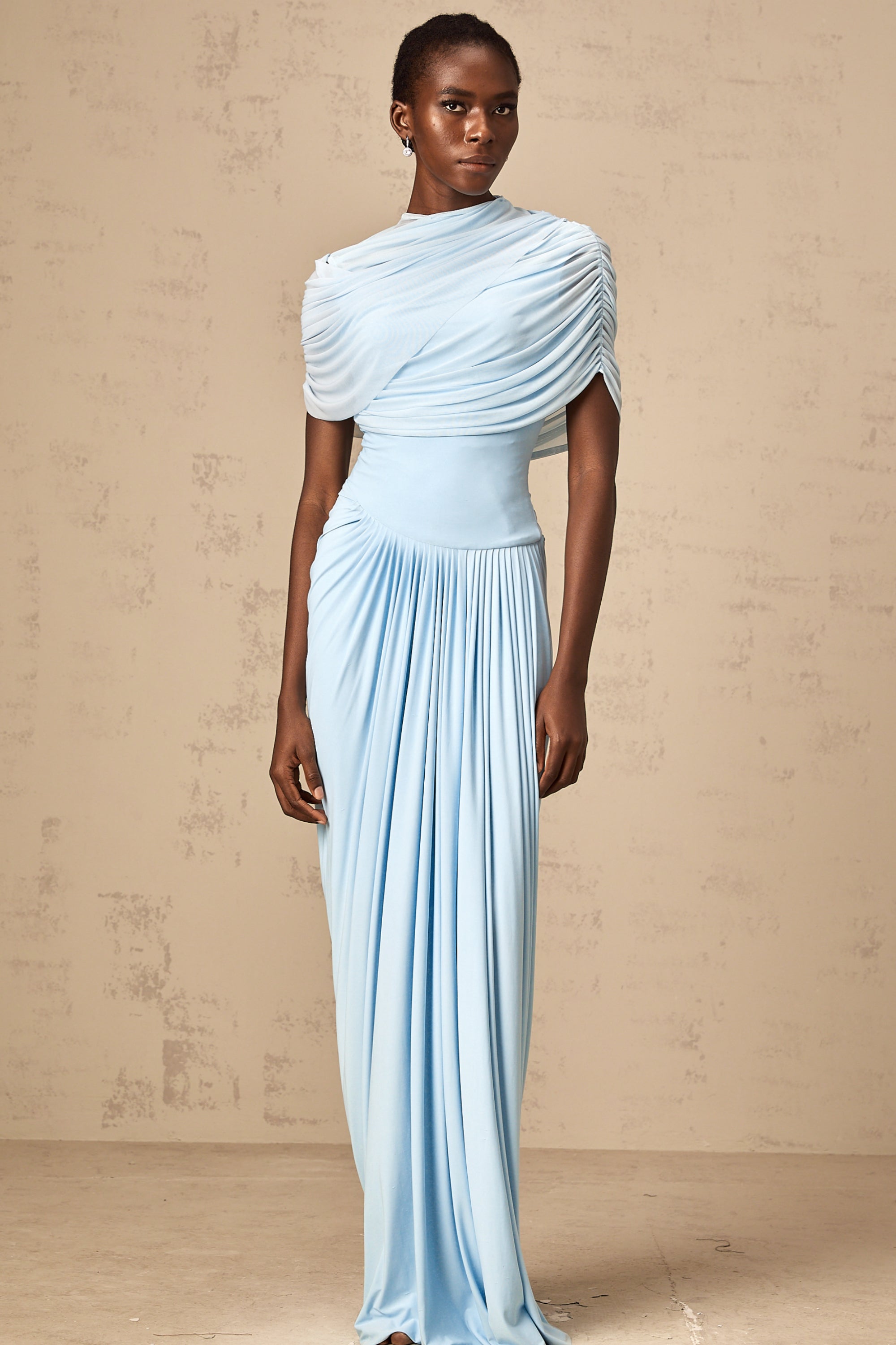 Elegant Catherine Blue Asymmetrical Pleated Maxi Dress for Women