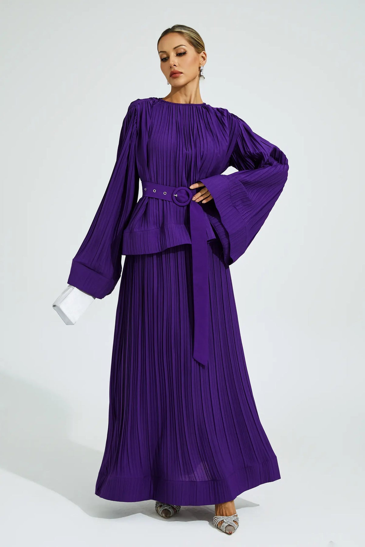 Elegant Purple Belted Ruffle Two-Piece Set for Formal Occasions