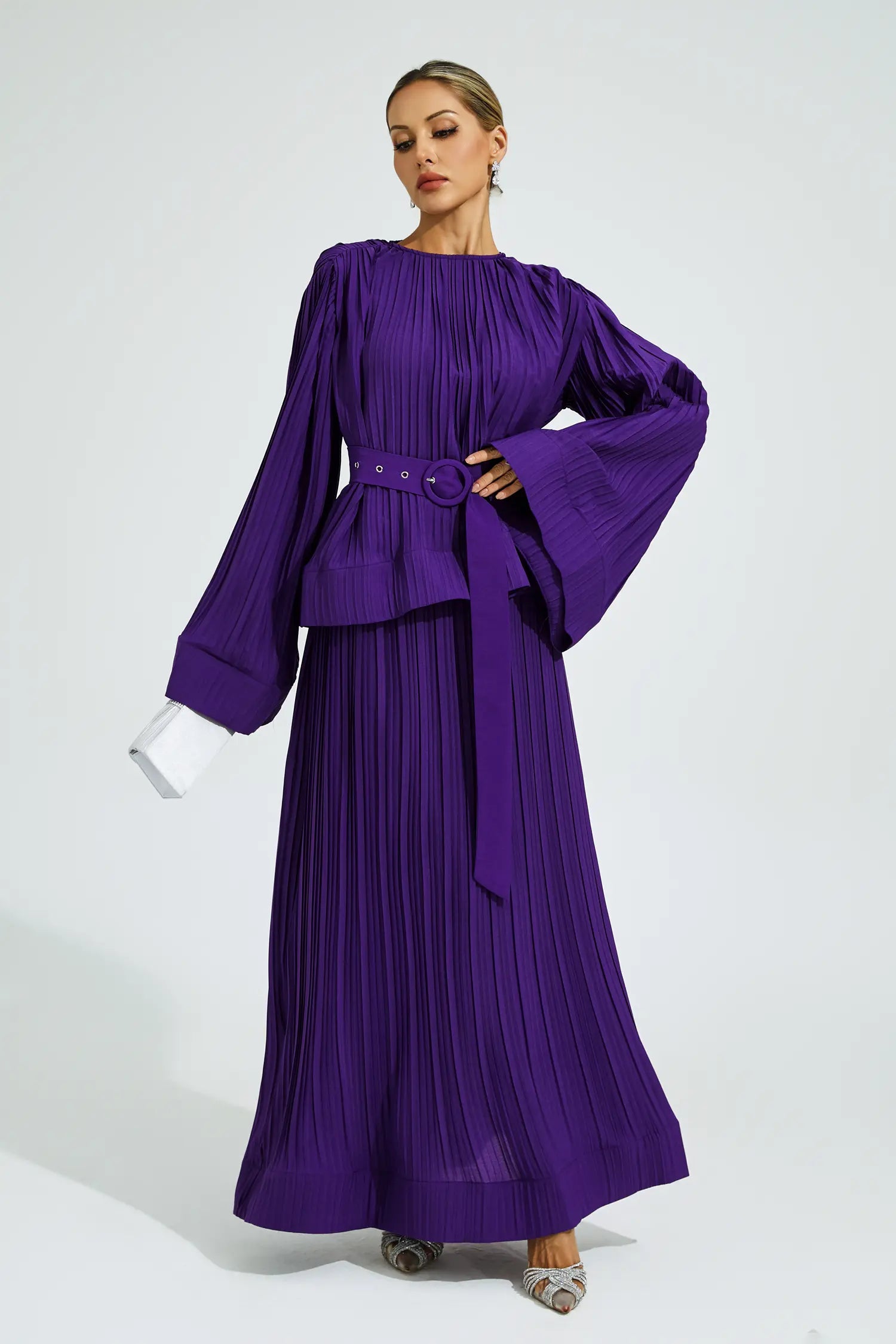 Elegant Purple Belted Ruffle Two-Piece Set for Formal Occasions