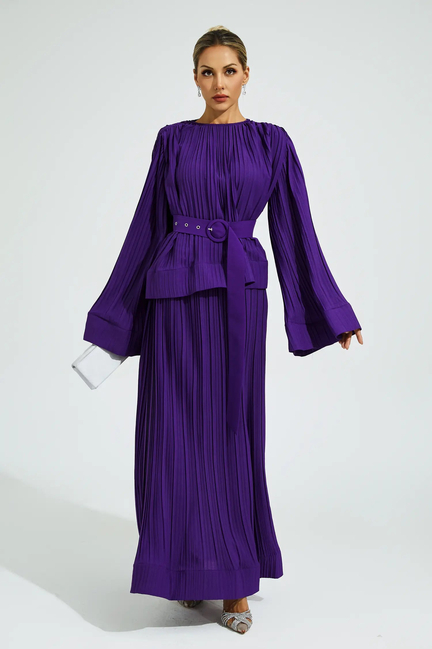 Elegant Purple Belted Ruffle Two-Piece Set for Formal Occasions