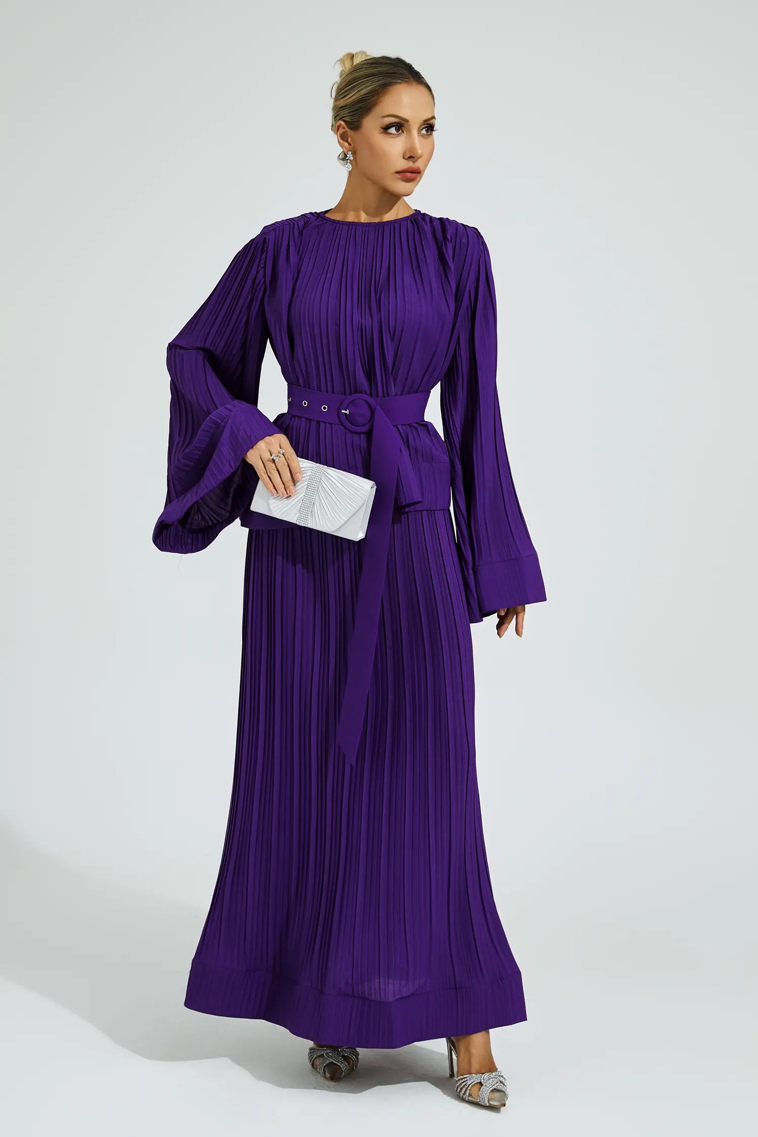 Elegant Purple Belted Ruffle Two-Piece Set for Formal Occasions