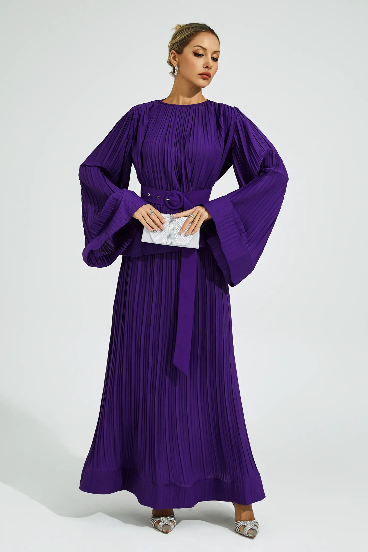Elegant Purple Belted Ruffle Two-Piece Set for Formal Occasions