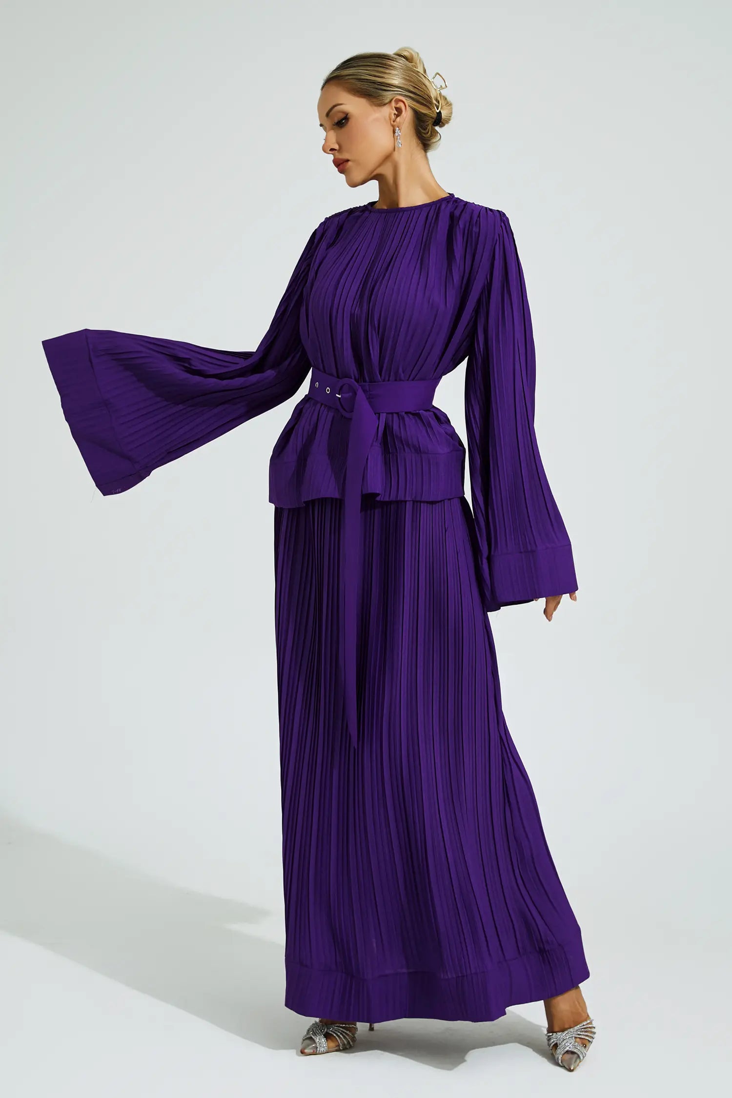 Elegant Purple Belted Ruffle Two-Piece Set for Formal Occasions