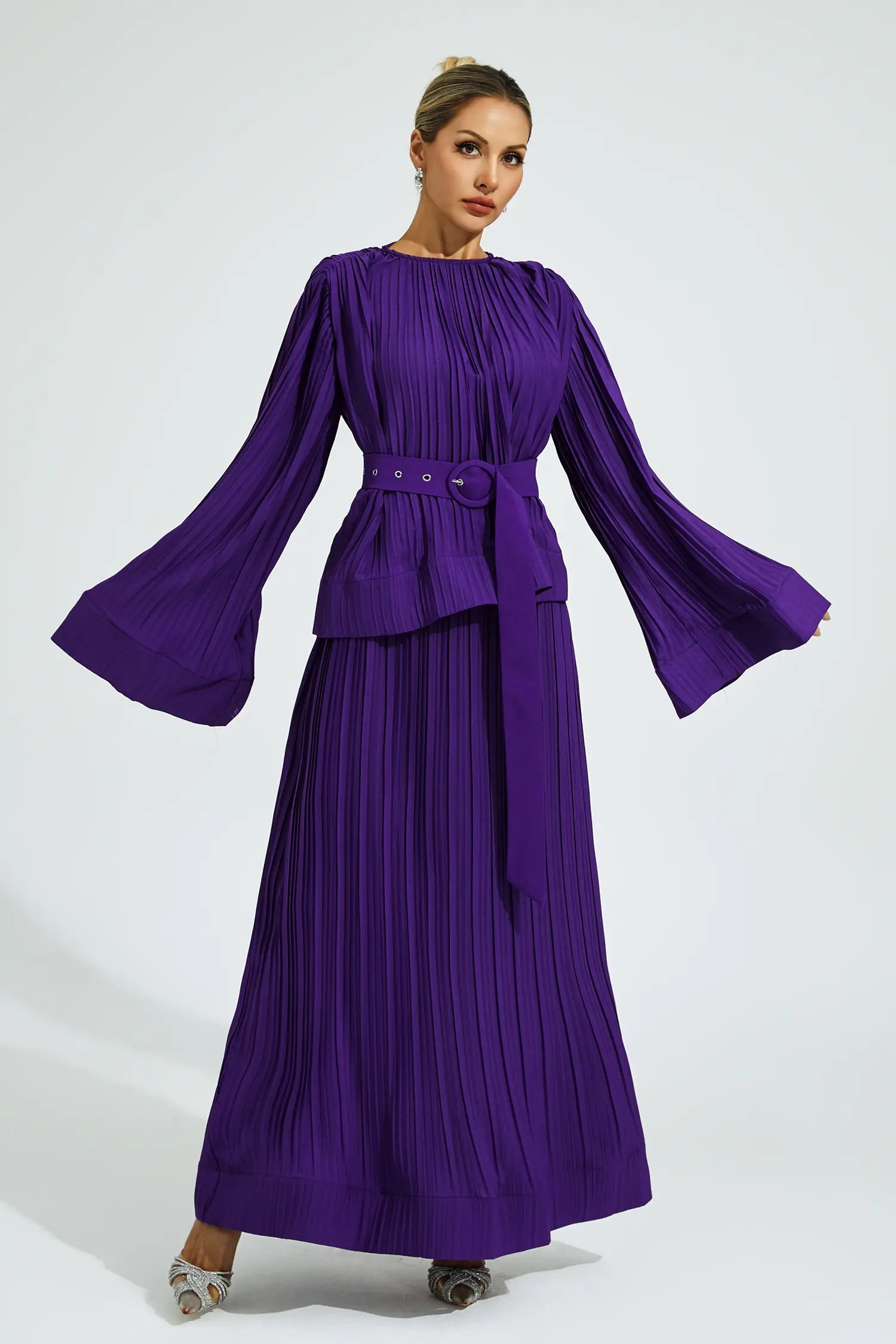 Elegant Purple Belted Ruffle Two-Piece Set for Formal Occasions