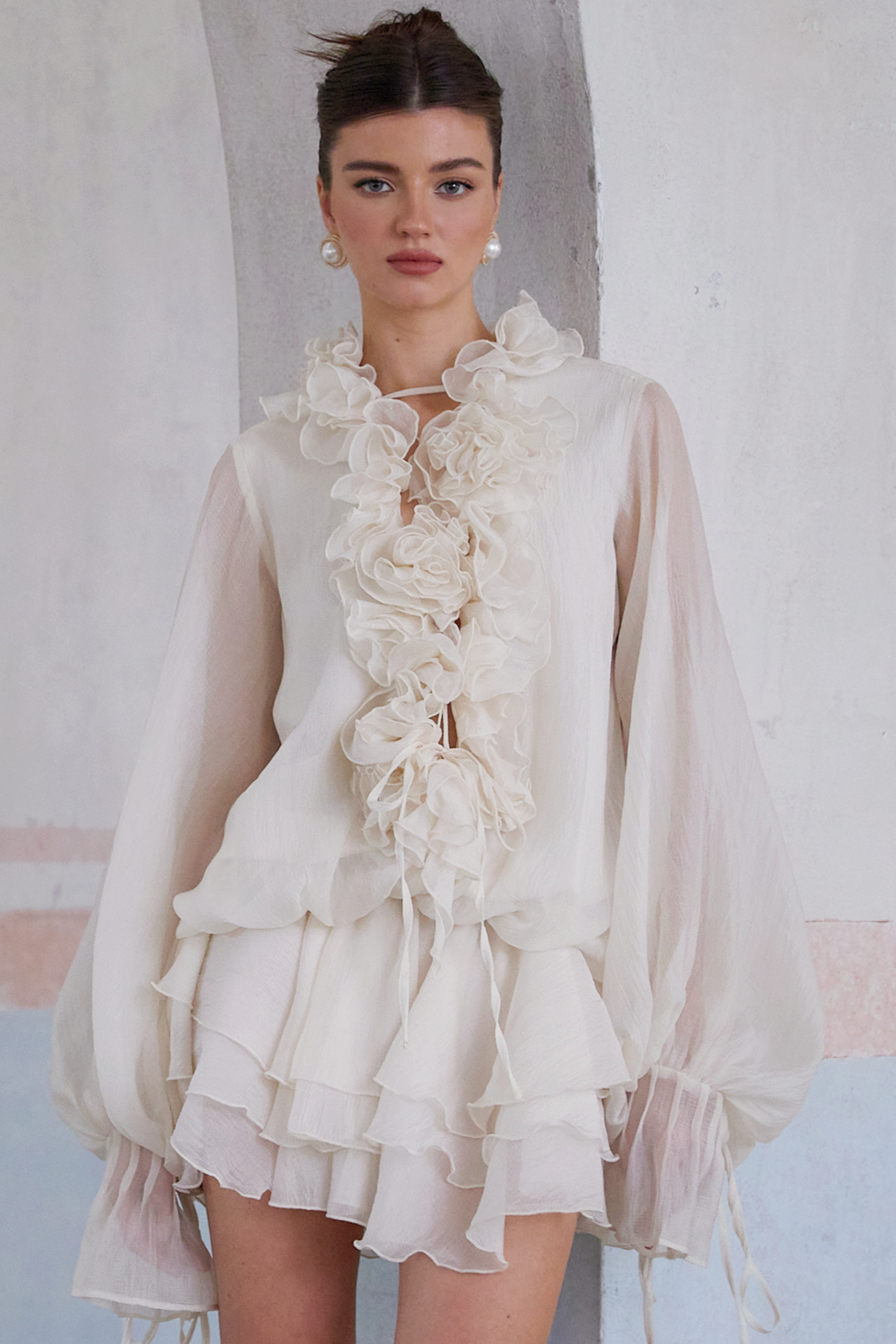 Elegant Zephyrine Floral Applique Tiered Mini Dress in Neutral Tones