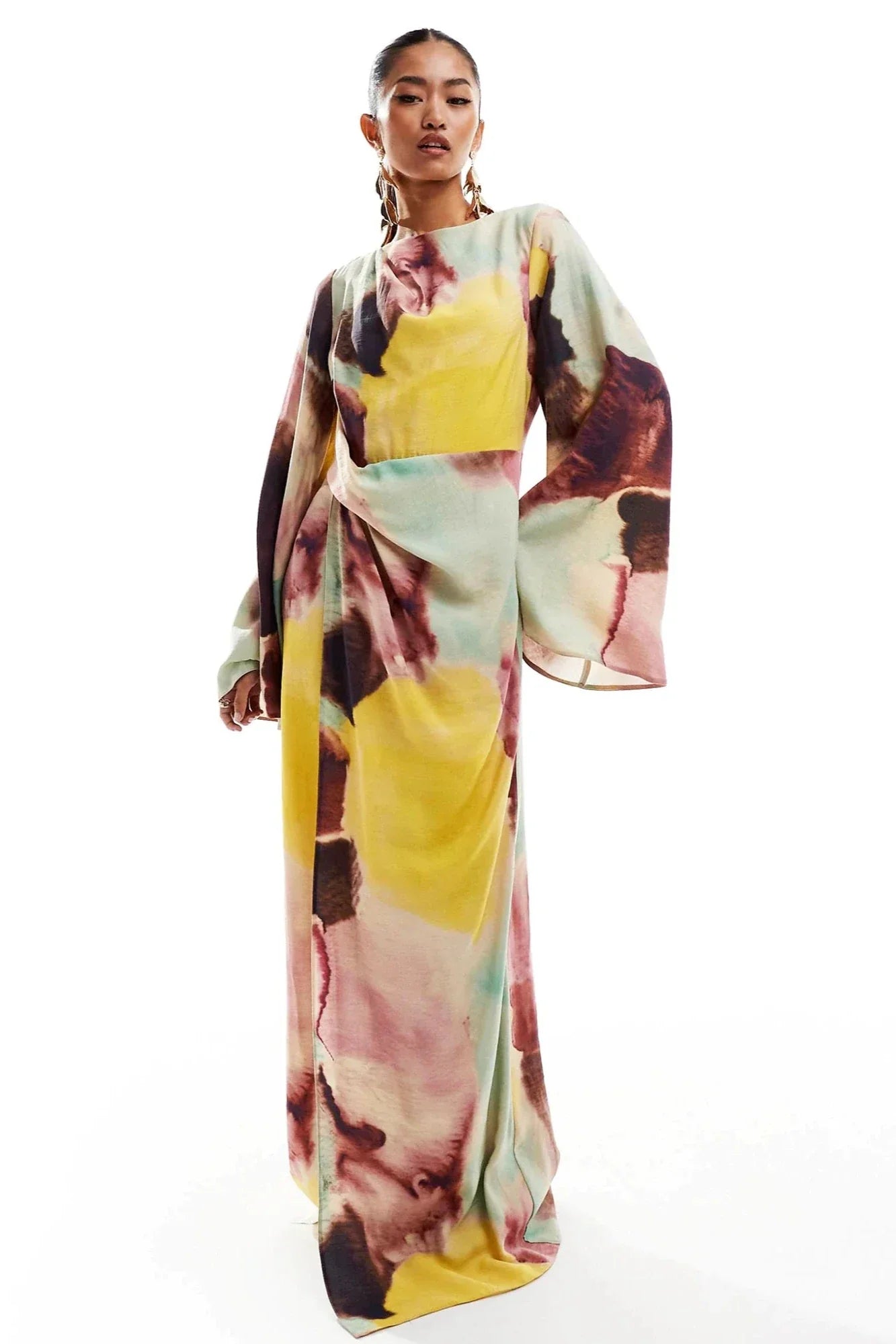 Abstract Watercolor Print Ultra Long Dress - Flowy Bohemian Maxi Gown