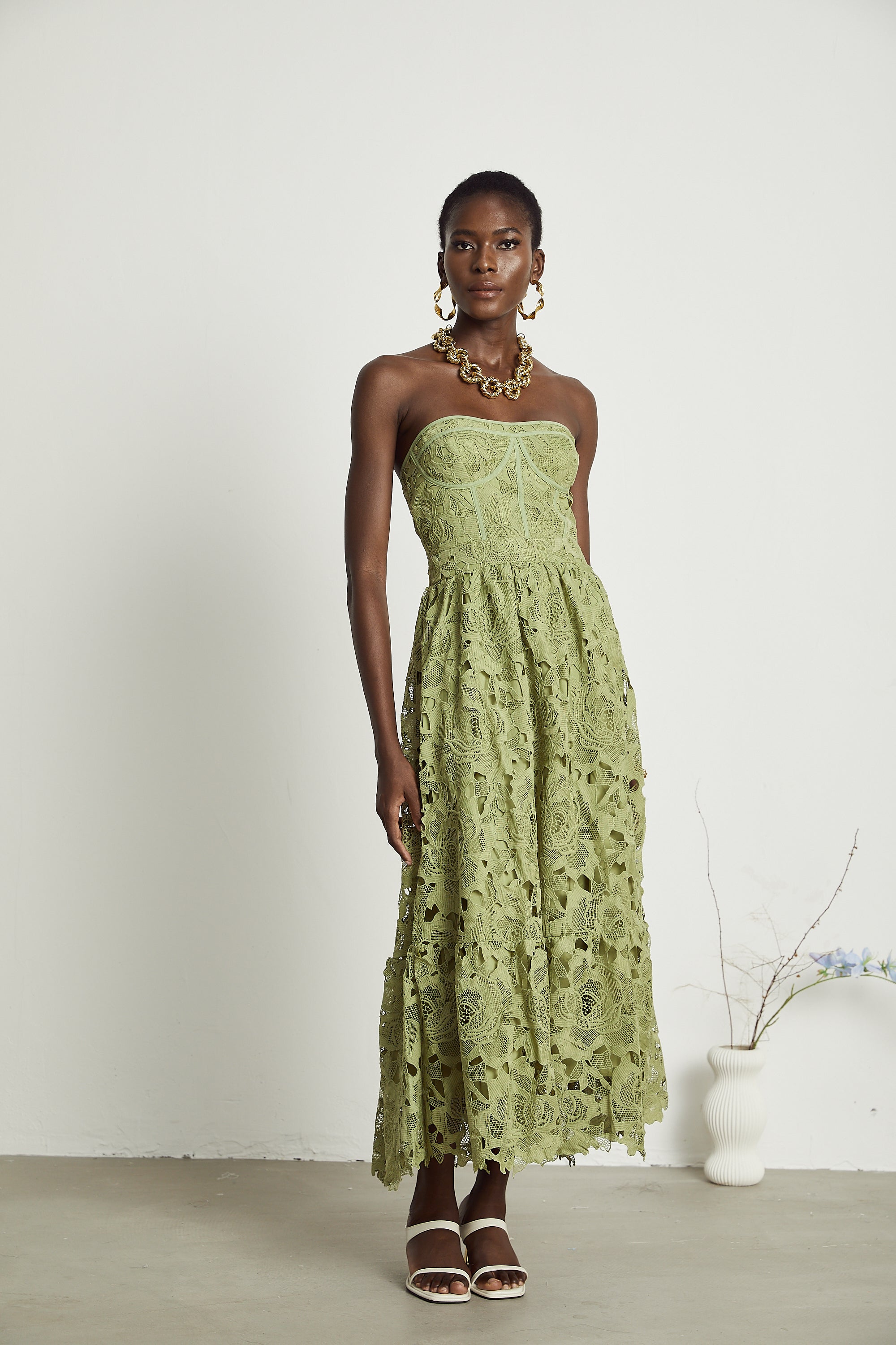 Elegant Lace Floral Embroidered Cut-Out Midi Dress - Perfect for Parties