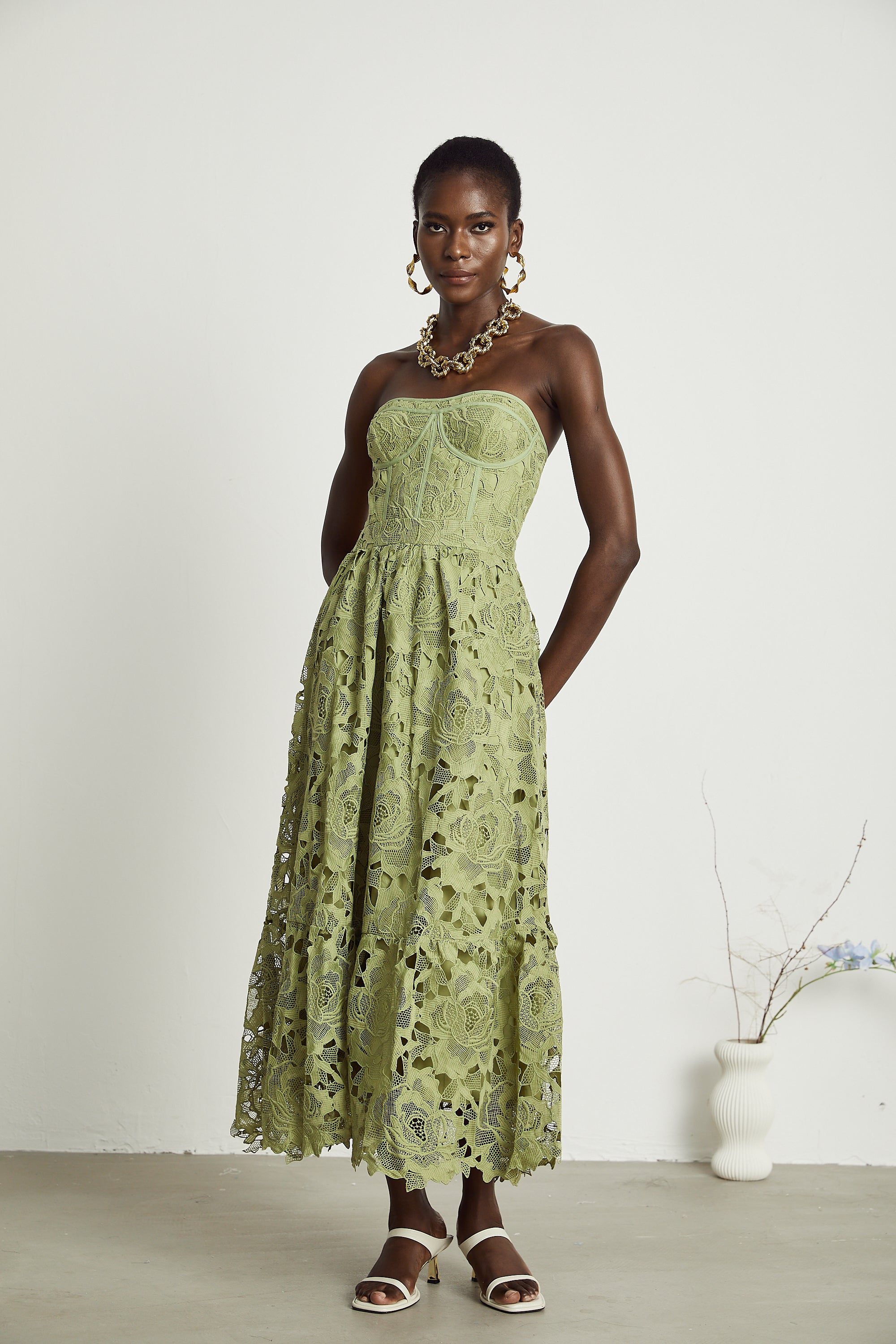 Elegant Lace Floral Embroidered Cut-Out Midi Dress - Perfect for Parties