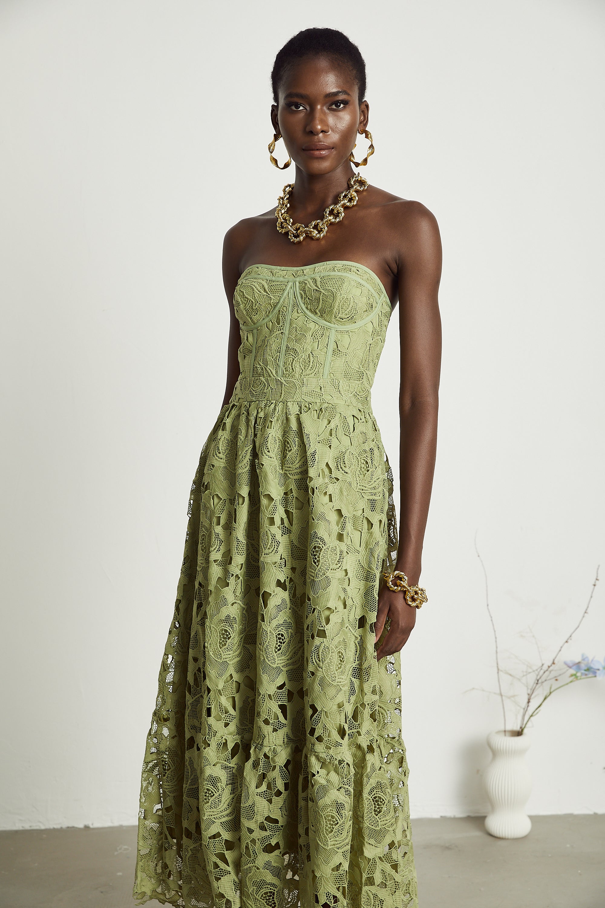 Elegant Lace Floral Embroidered Cut-Out Midi Dress - Perfect for Parties