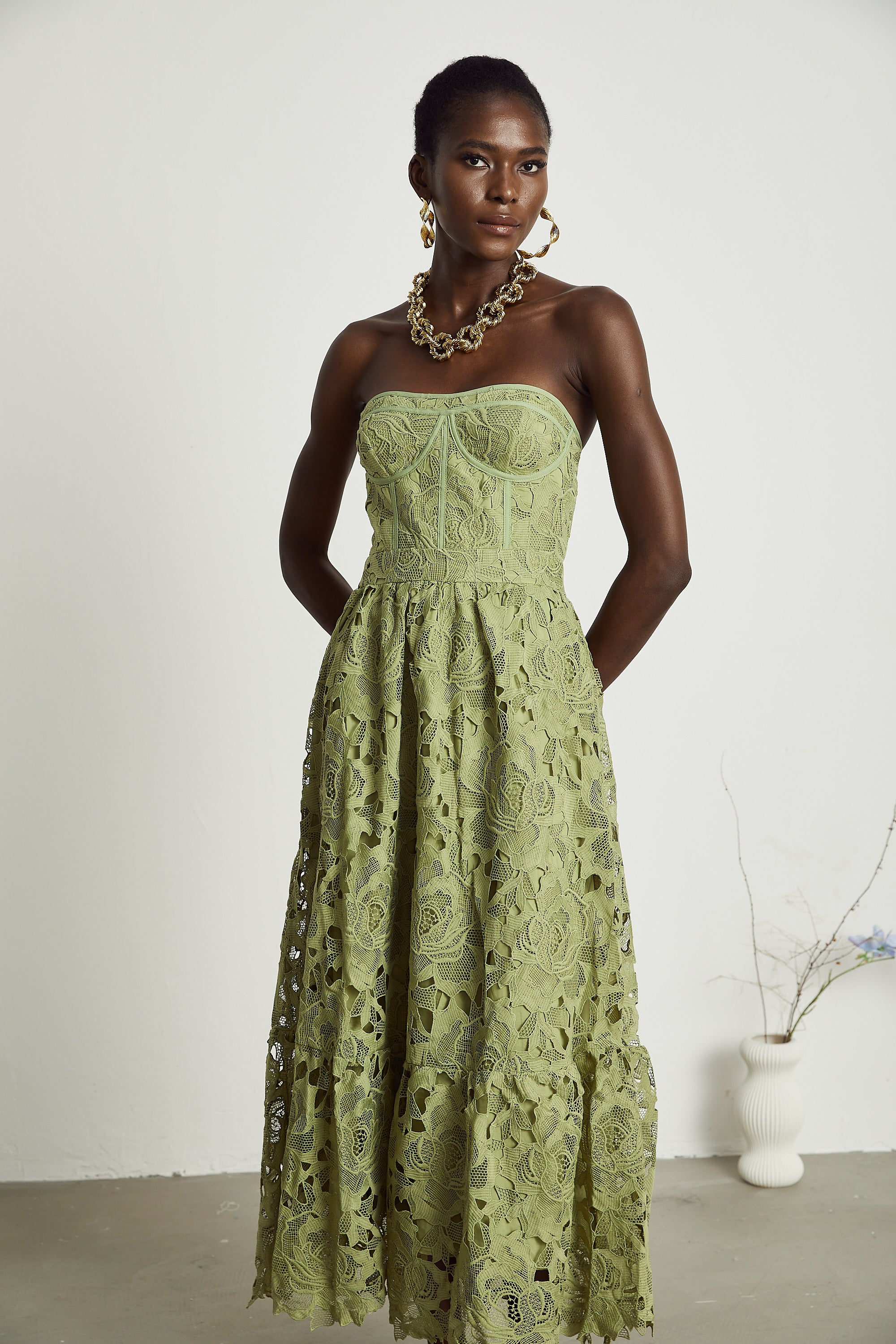Elegant Lace Floral Embroidered Cut-Out Midi Dress - Perfect for Parties