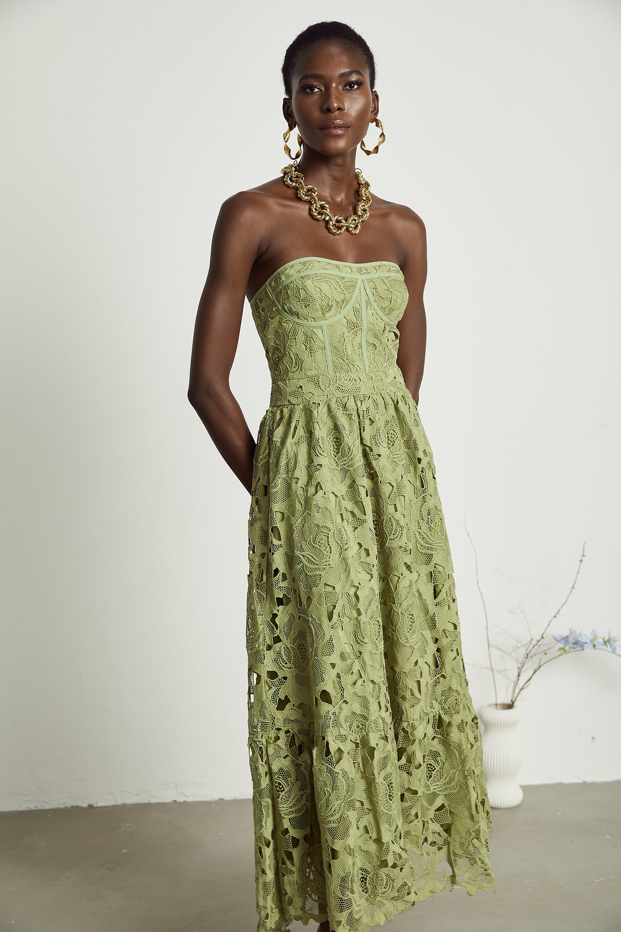 Elegant Lace Floral Embroidered Cut-Out Midi Dress - Perfect for Parties