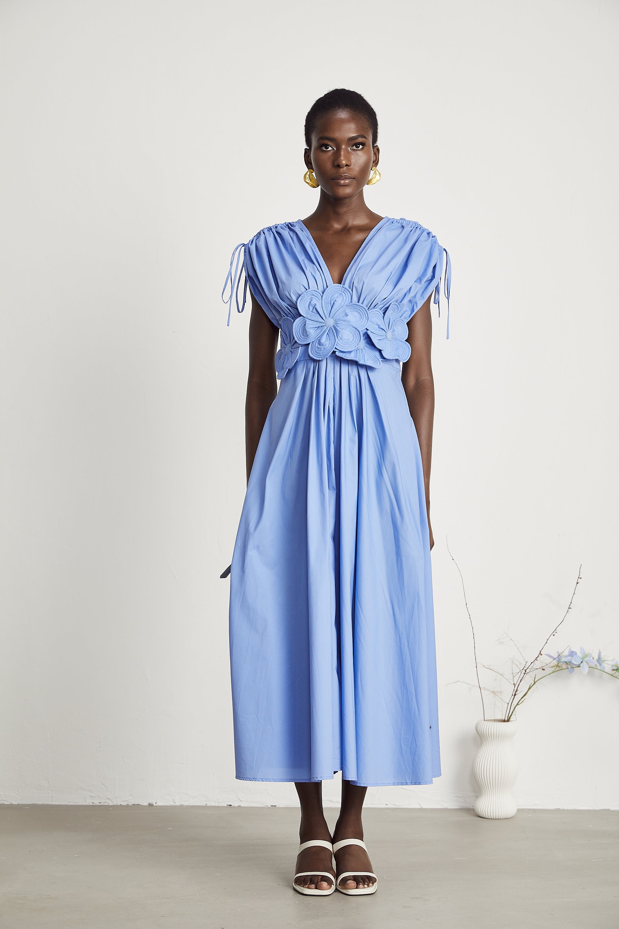 Elegant Emma Petal Detail Pleated Midi Dress for Women