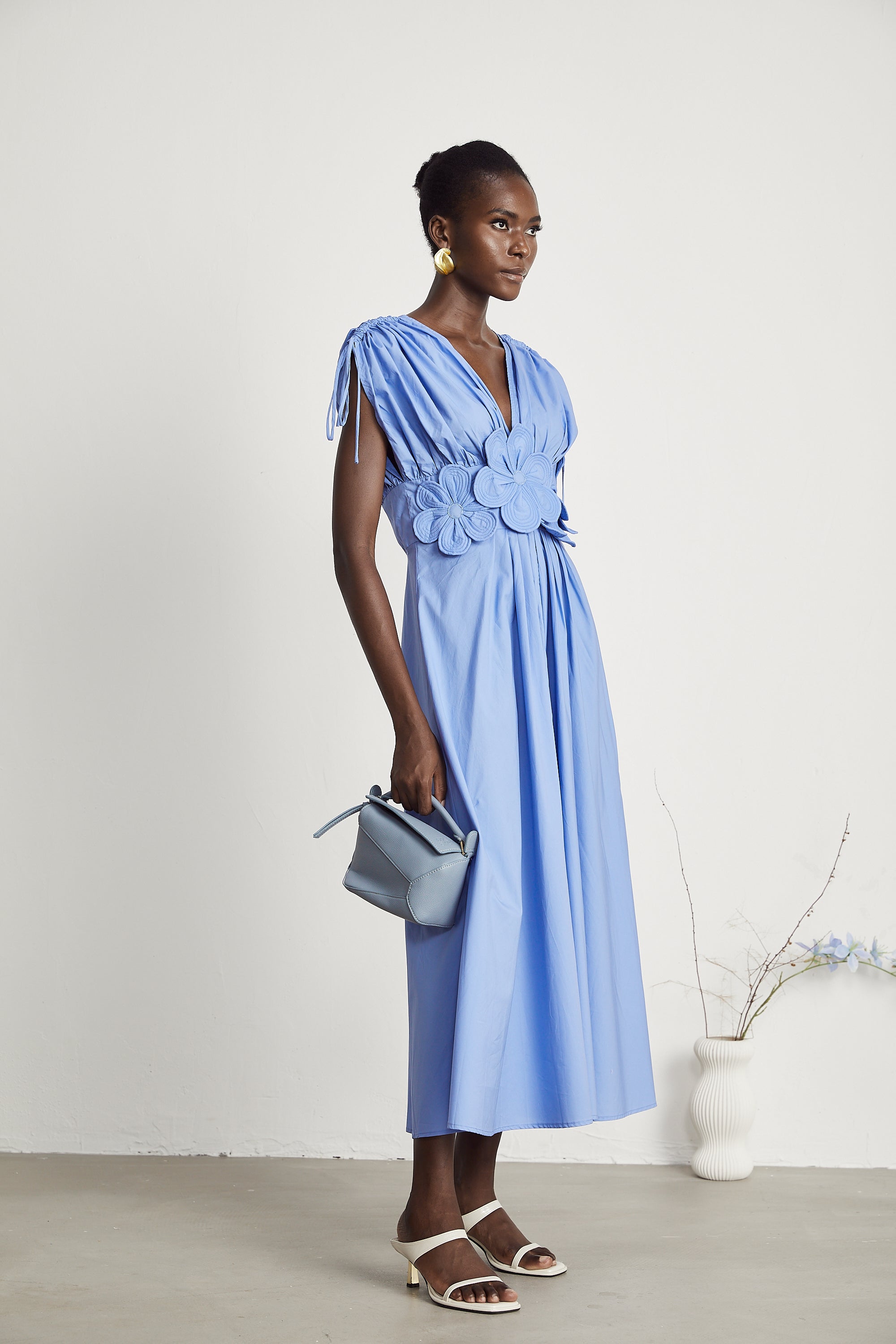 Elegant Emma Petal Detail Pleated Midi Dress for Women