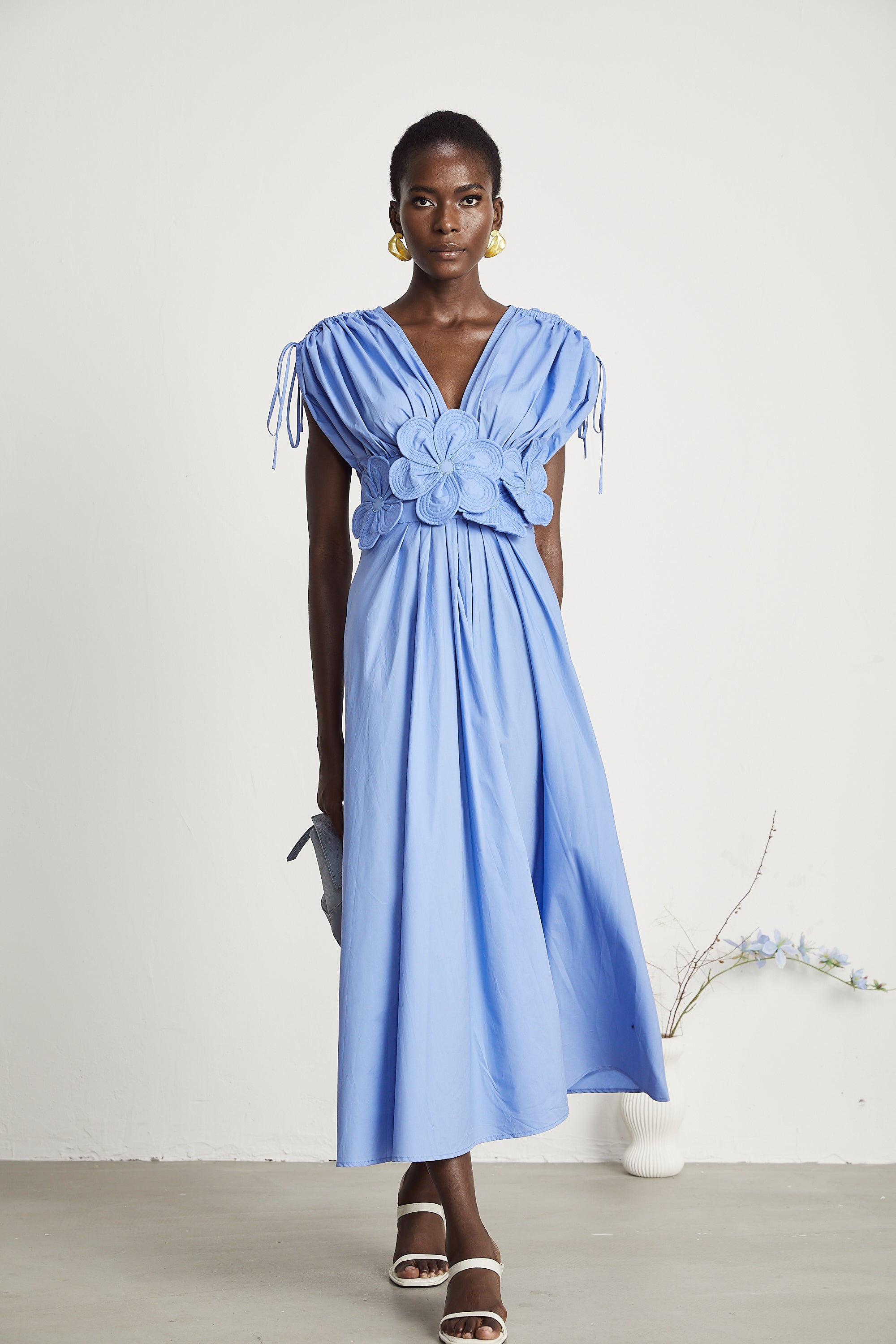 Elegant Emma Petal Detail Pleated Midi Dress for Women
