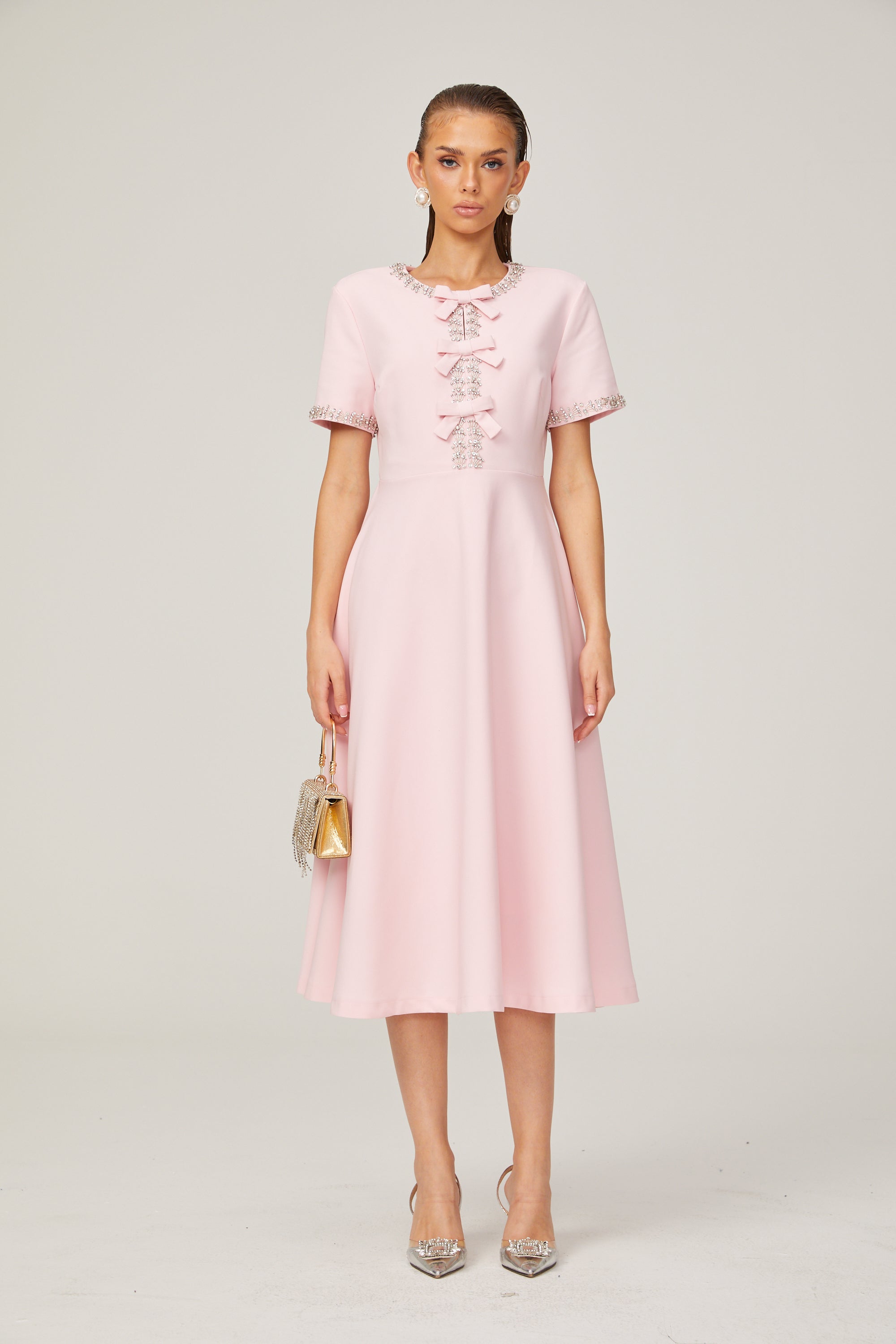 Elegant Pink Crystal-Accented Bow Midi Dress: Chic Terylene Flared Style