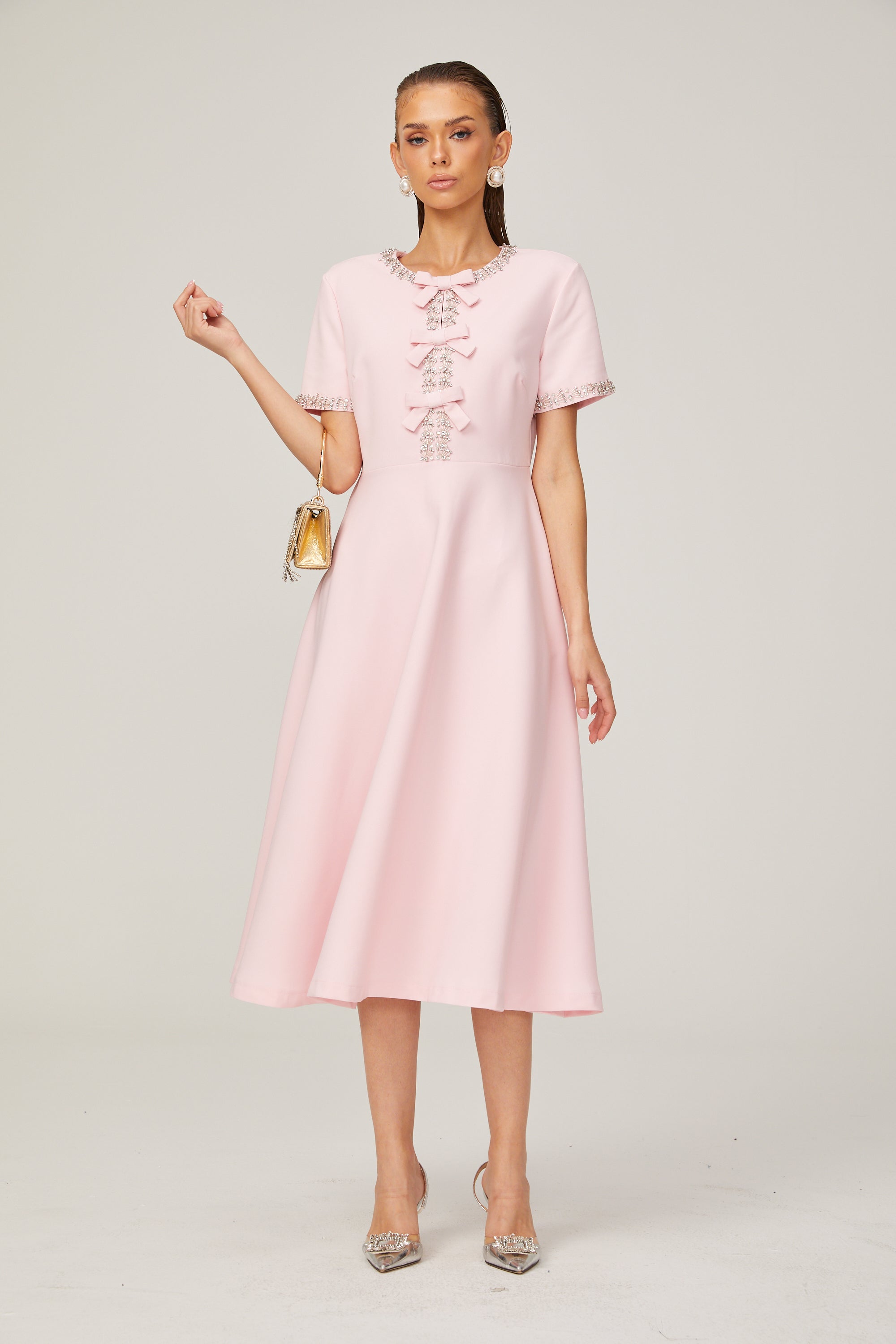 Elegant Pink Crystal-Accented Bow Midi Dress: Chic Terylene Flared Style